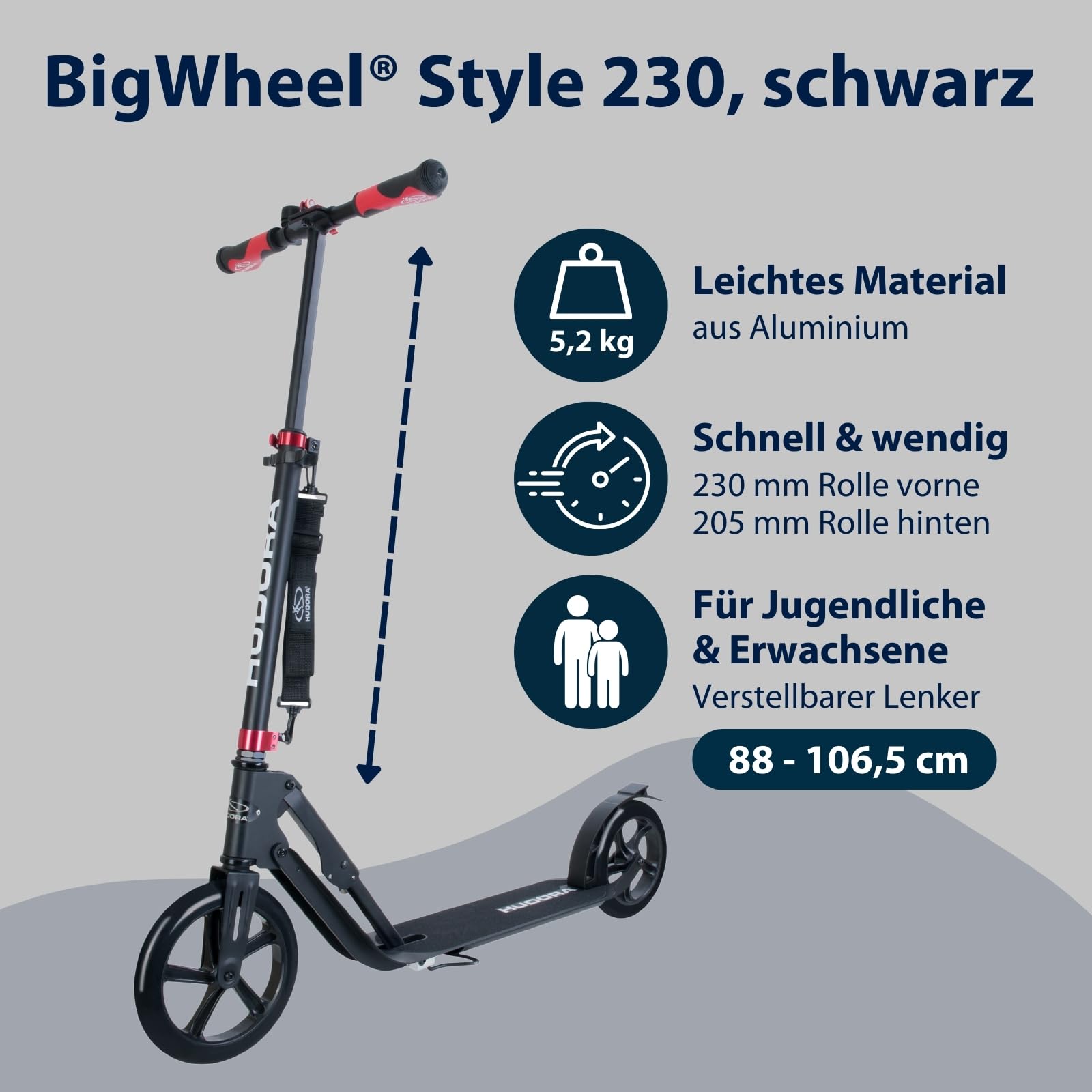 HUDORA BigWheel Style 230 Scooter - Stabiler Aluminium-Roller mit großer Trittfläche - Höhenverstellbarer & zusammenklappbarer Cityroller für bis zu 120kg - Tretroller für Jugendliche & Erwachsene