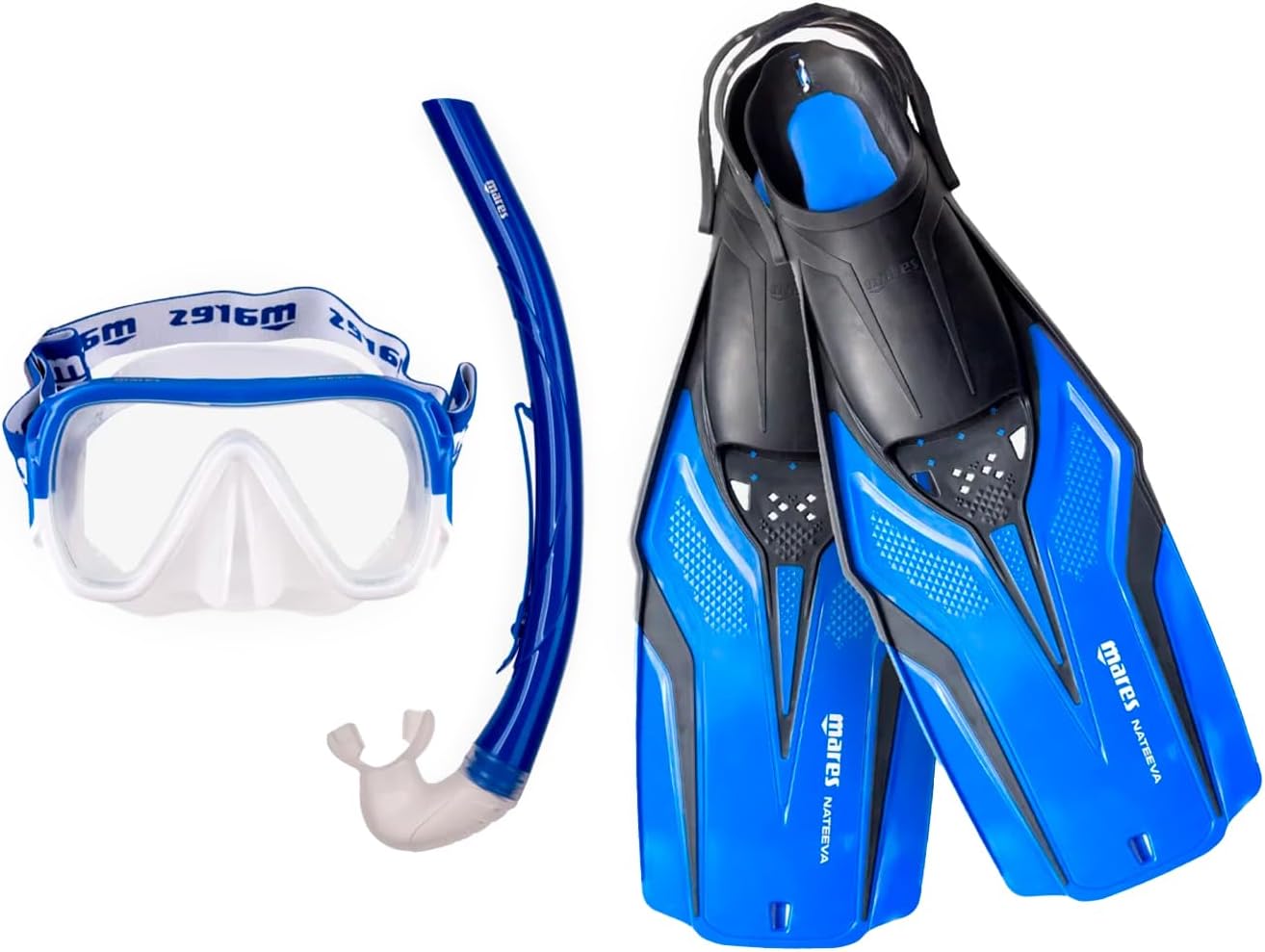 Mares Adult Nateeva Keewee Snorkeling Gear Set, Single-Lens Mask w/Soft Elastic Strap, Ergonomic Snorkel, Lightweight Open Heel Swimming Fins, 410757