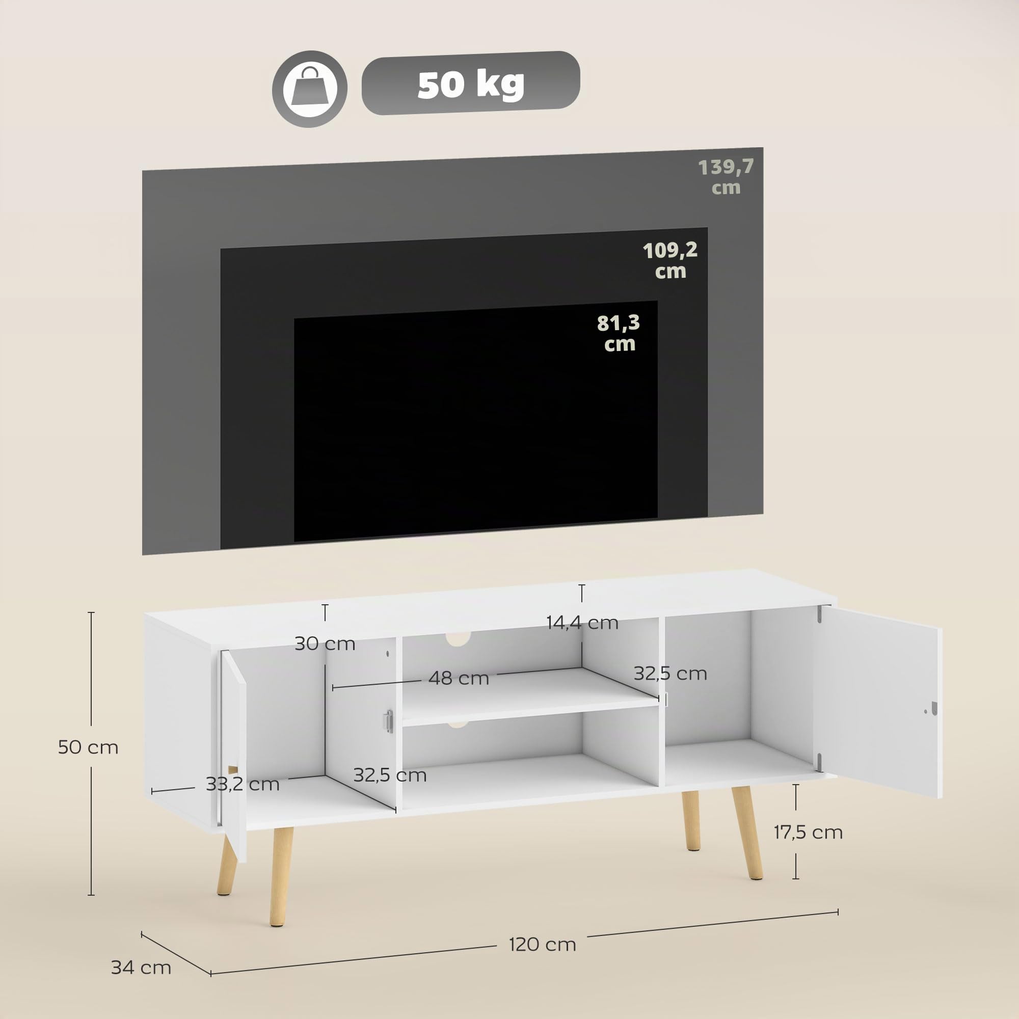 HOMCOM Meuble TV 120 cm, Meuble télé pour téléviseur jusqu'à 55 Pouces avec 2 placards et 2 étagères Ouvertes, Banc TV Moderne pour Salon, Chambre à Coucher, Blanc