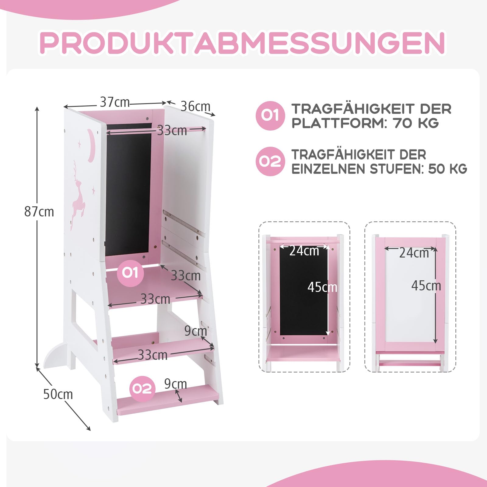 GOPLUS Lernturm Kinder, Mehrzweck-Tritthocker aus Holz mit 3 verstellbare Höhen, Lernstuhl Baby mit Whiteboard, Tafel, 3 Stiften, für Kinder ab 1 Jahren, 37 x 50 x 87 cm (Rosa)
