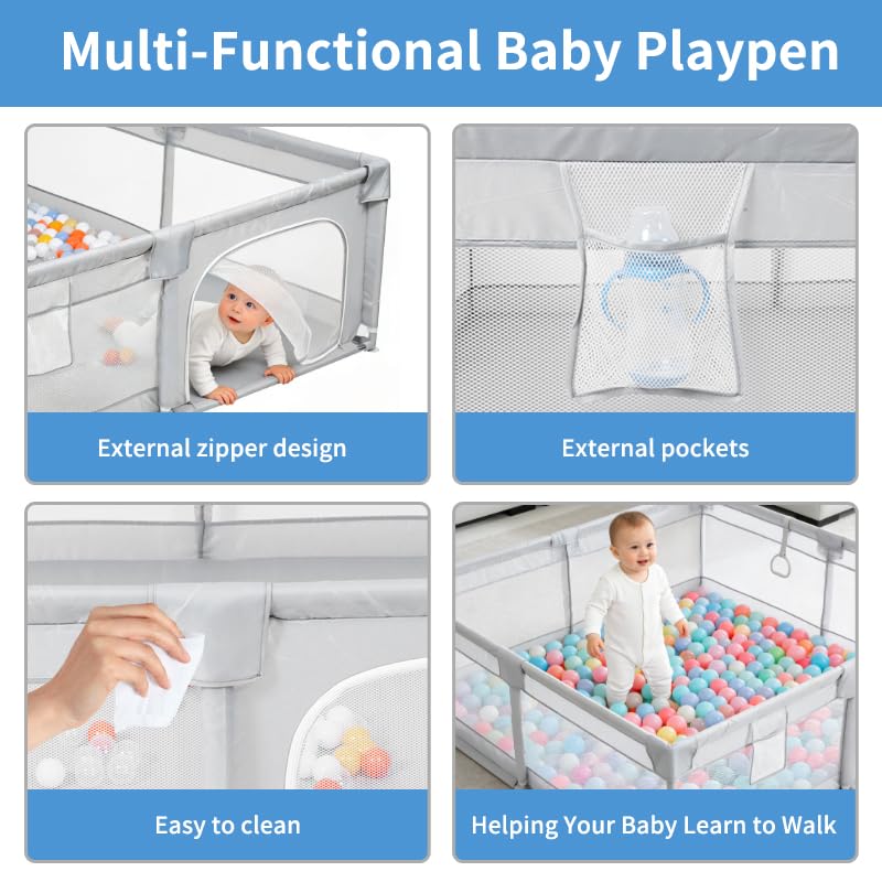 Baby Playpen for Toddlers: 6.56x6.56 ft Kid-Safe Enclosed Play Yard | Non-Slip Base, Breathable Mesh - Easy-Portable for Indoor & Outdoor Baby Play Spaces - Gray