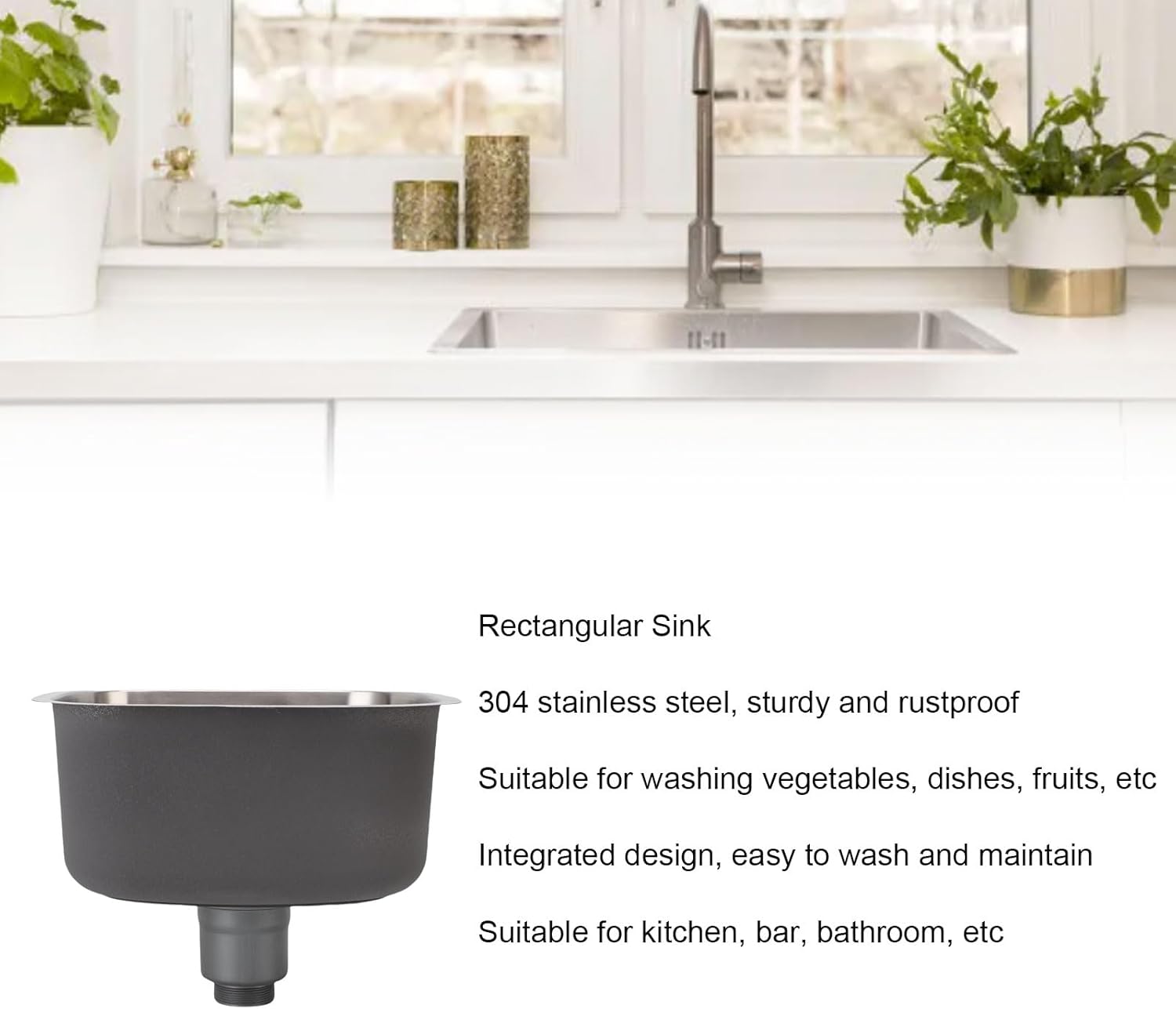 GOTOTOP Single Bowl Kitchen Sink, 304 Stainless Steel Undermount Basin Rectangular Integrated Design for Kitchen Bar Bathroom Easy Washing Maintenance
