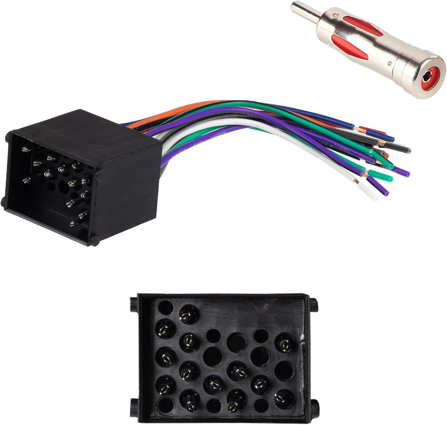 Close-up view of the Scosche wiring harness and antenna adapter, showing the multi-colored wires and connectors.