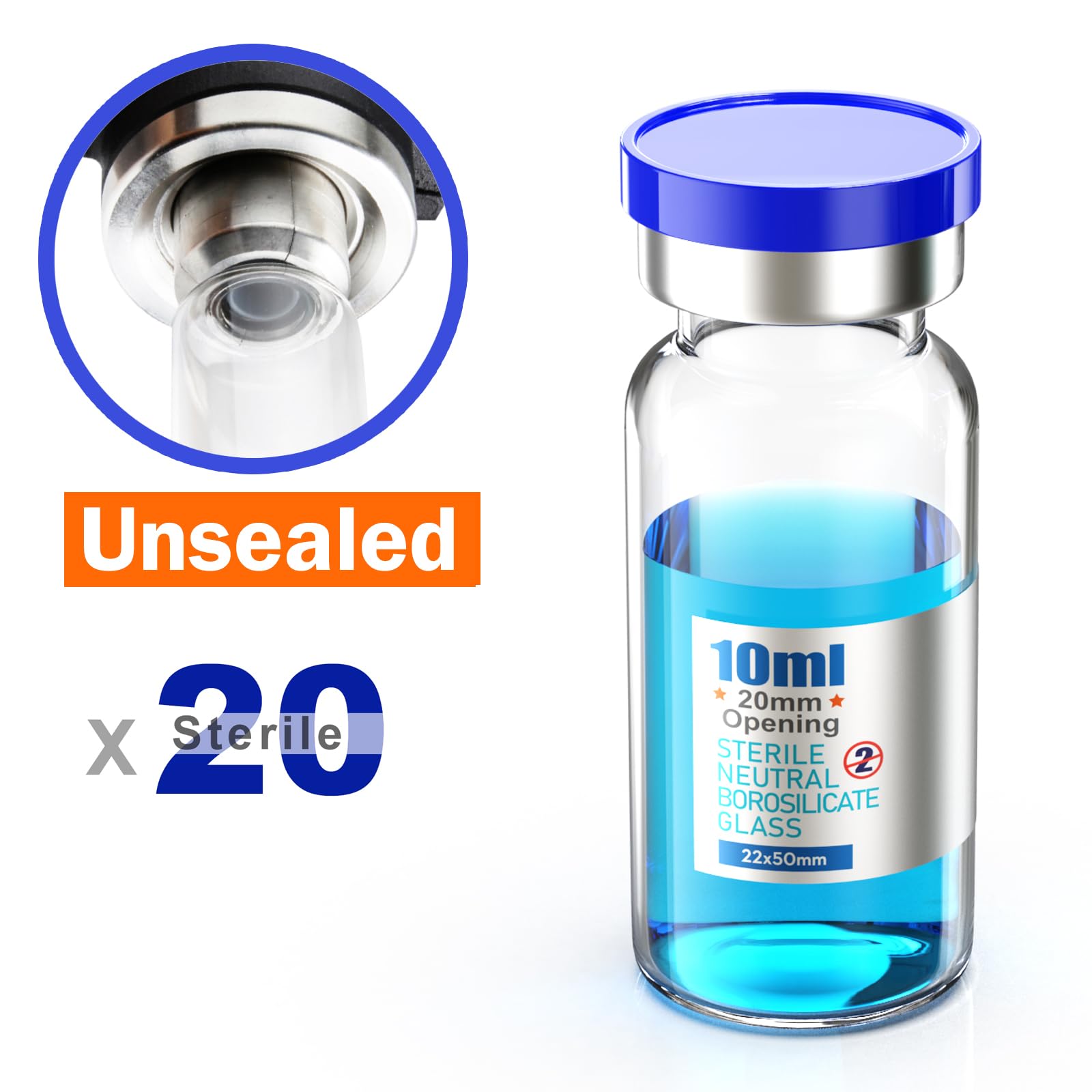 Sterile leere Ampullen mit Gummistopfen und gratfreier Aluminium-Kunststoffkappe, einzeln verpackt, 20 Stück (transparent, 10 ml)
