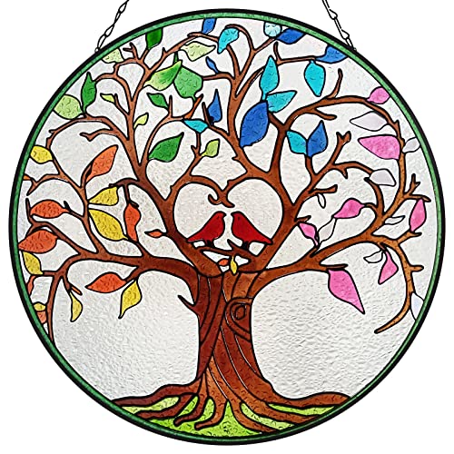 Keygift Stained Glass Suncatcher Window Hanging 12” Tree of Life Wall Hanging Ornament Hand-Painted Vivid Color Glass Panel Decor