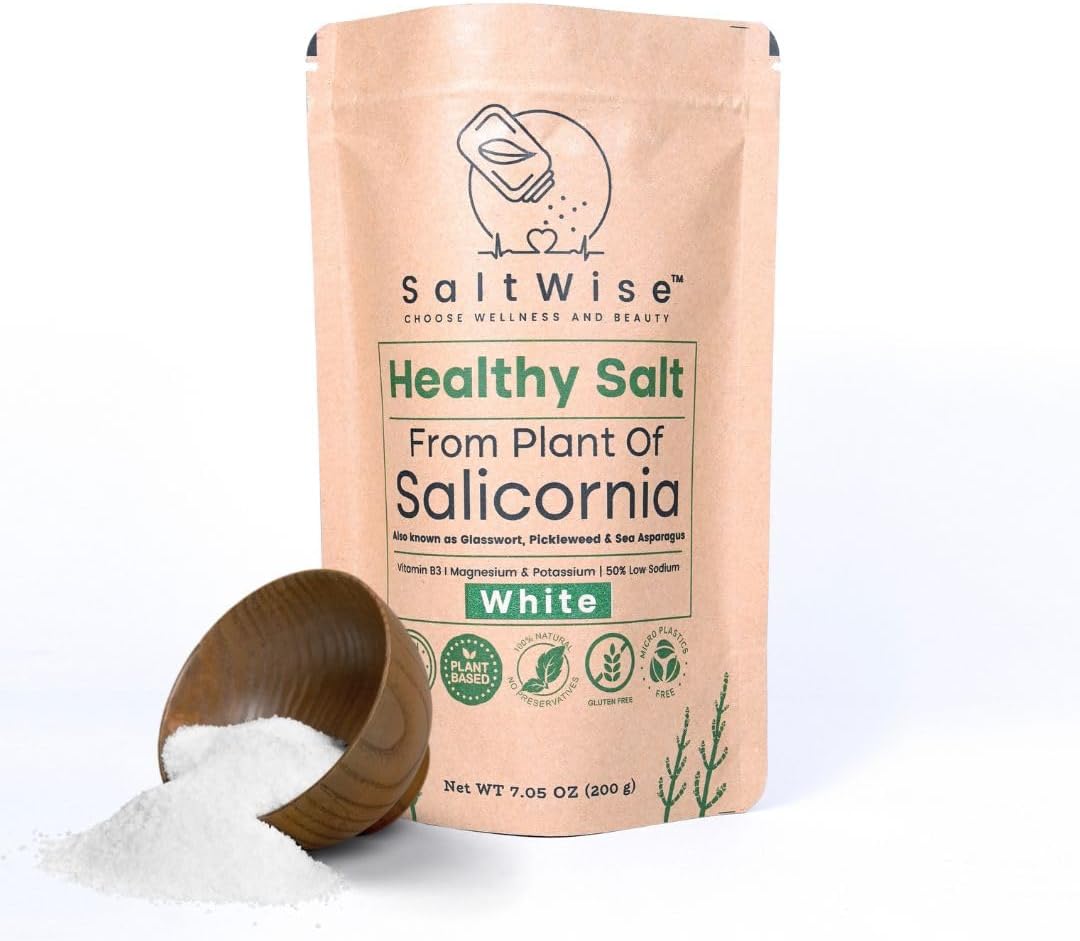SaltWise Salicornia (Samphire) White Salt | 50% Less Sodium Plant-Based Salt Substitute | Mineral Sea Salt Alternative | Vegan, Non-GMO, No Additives (200g)