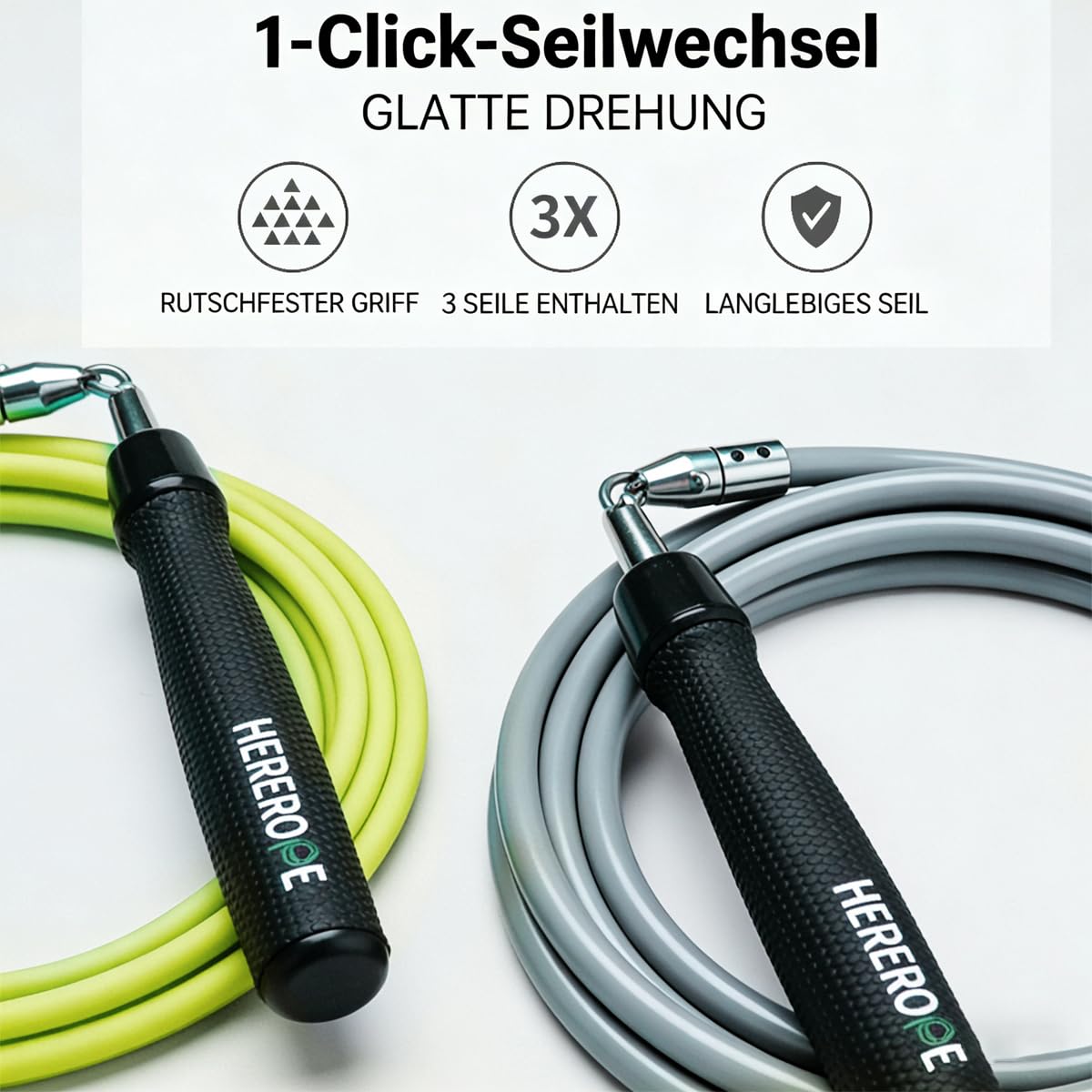 Hererope 3-in-1 Gewichtetes Springseil, Austauschbare Gewichte 1/6lb, 1/4lb, 1/2lb, 360-Grad-Rotation, Verstellbare Länge, Ergonomischer Ledergriff