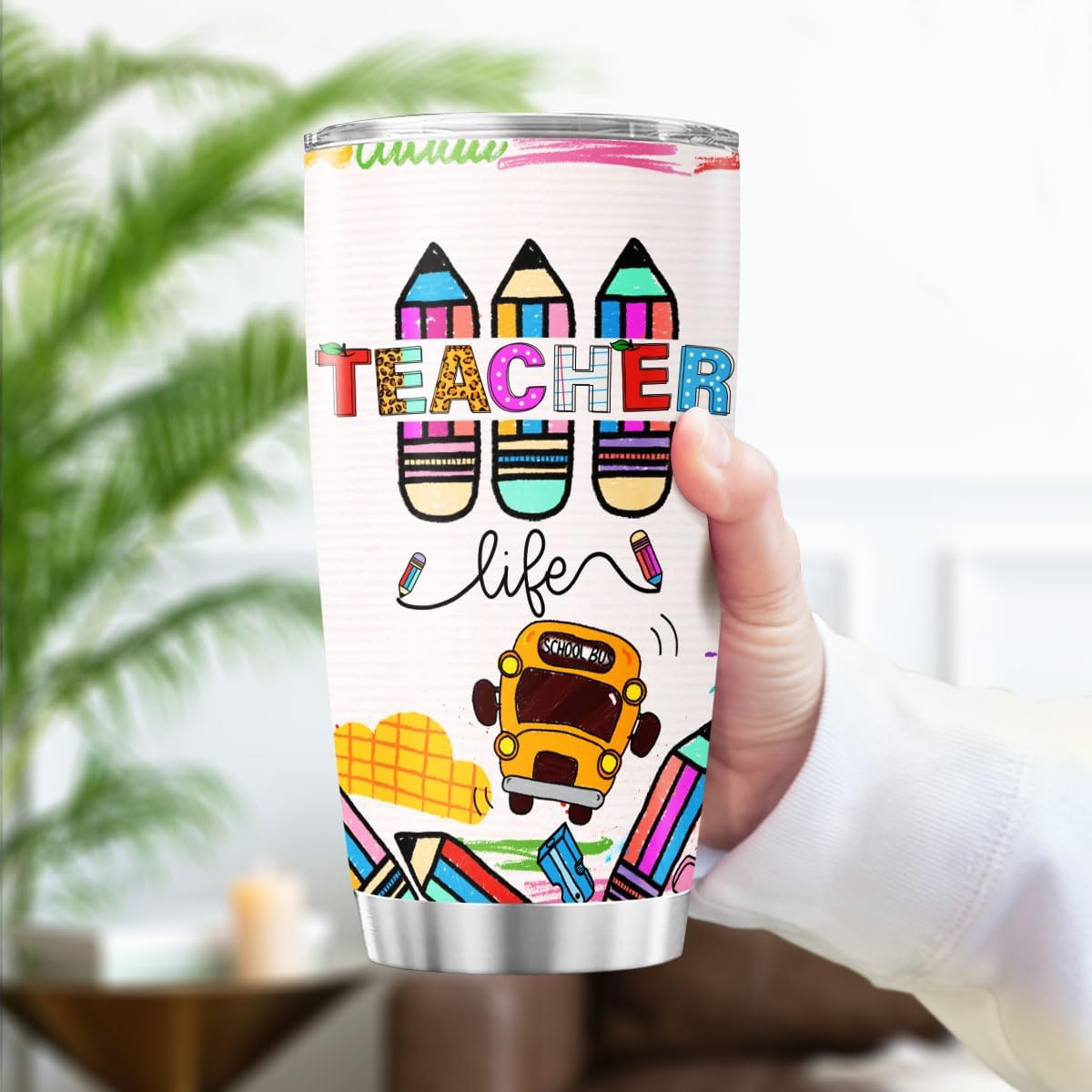 Teacher Life Rainbow Tumbler, Cute Pencil Art 20oz Stainless Steel Insulated Cup, Back to School Coffee Travel Mug Gift for Preschool Kindergarten Educators Women - Image 3