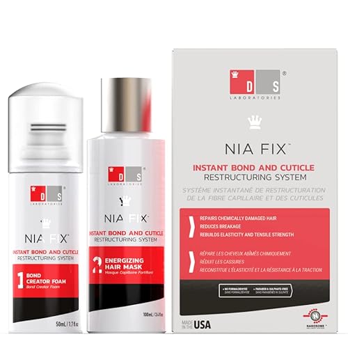 DS Labs Nia Fix Bond Care Treatment - Sistema de fortalecimiento y suavizado de 2 pasos para cabello dañado, ayuda a reducir el aspecto de puntas