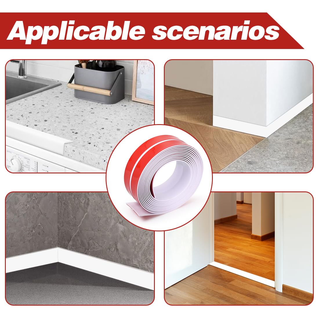 RANJIMA Battiscopa morbido autoadesivo, protezione per bordi, impermeabile, in silicone PVC, flessibile, per porte, pareti, cucina (bianco, 10 mm x 10 mm x 4 m)