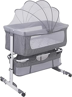 homewell Beistellbett Baby, 2 in 1 Babybett und Babywiege, Beistellbett Baby Boxspringbett, Kinderbett mit Rollen, Moskitonetz, Lagerungstasche und Matratze, Höhenverstellbar Struktur (Modell 1 Grau)