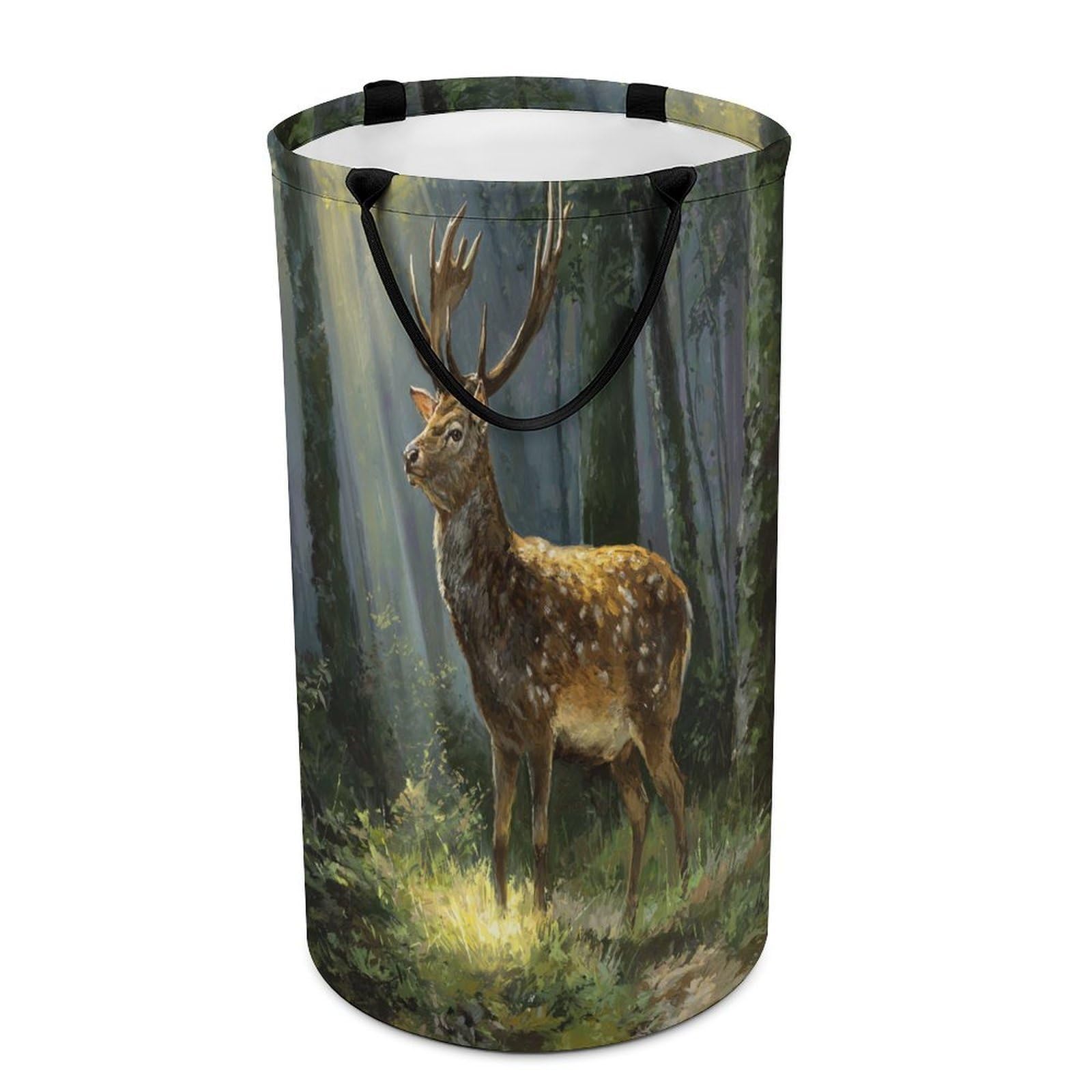 LUYYSKY Classic Fantasy Animal Deer Versatile Storage Laundry Basket, Realistic Watercolor Natural Botanical Forest Wildlife Elk Pattern Large Capacity Bathroom Hamper With Handle