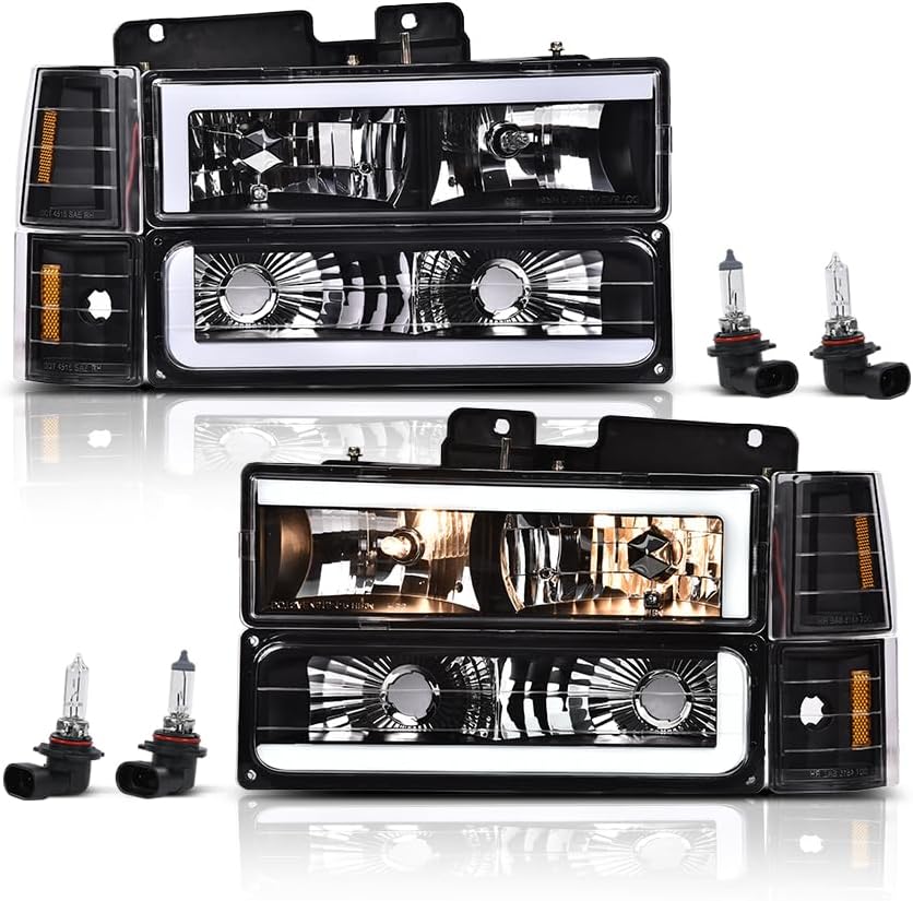 PIT66 Front Headlights Assembly Headlamp Compatible with GMC C1500 K1500 Yukon 1994-1999 Fit GMC C2500 C3500 K2500 K3500 1994-2000 Clear Lens Amber Reflector 5977460, 5977459