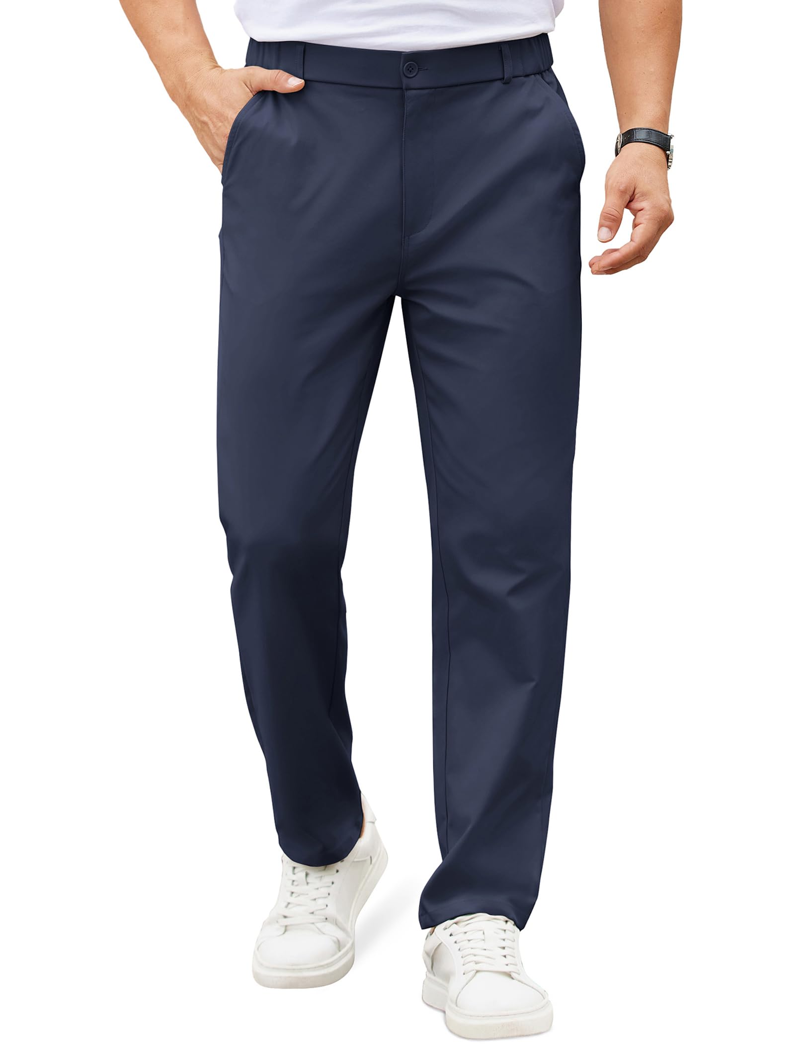 Photo 1 of COOFANDY Men's Casual Pants Flat Front Chinos Slacks Elastic Waist Straight Fit Golf Trousers with Pockets Navy Blue