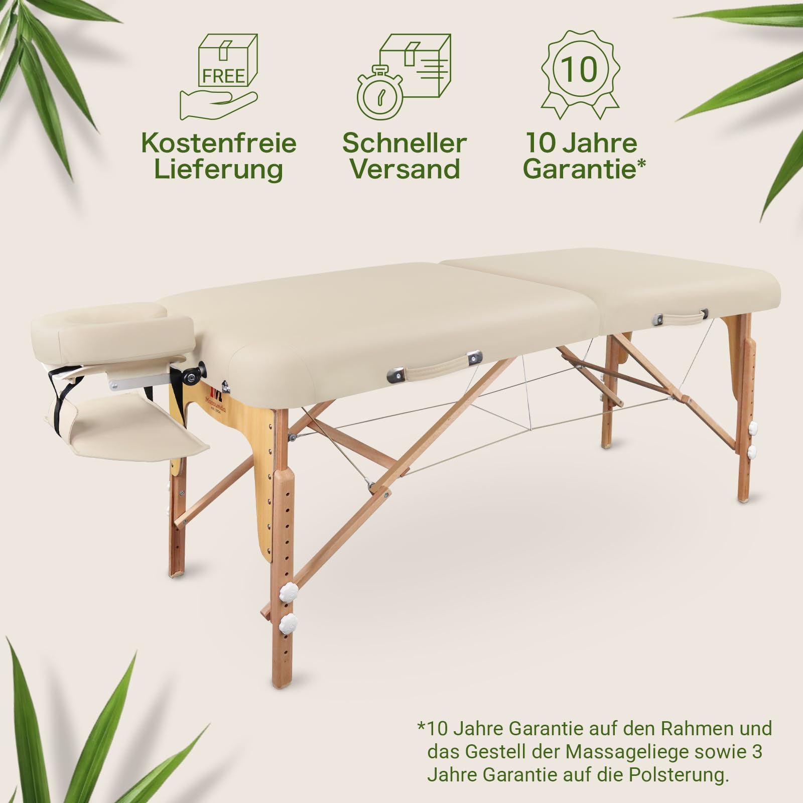 MASSUNDA – Mobile Comfort Deluxe Massageliege klappbar & höhenverstellbar – EXTRA breiter Massagetisch aus Vollholz – Massagebank mit ergonomischer Kopfstütze, Bezug, Armlehne, Kissen (Creme)