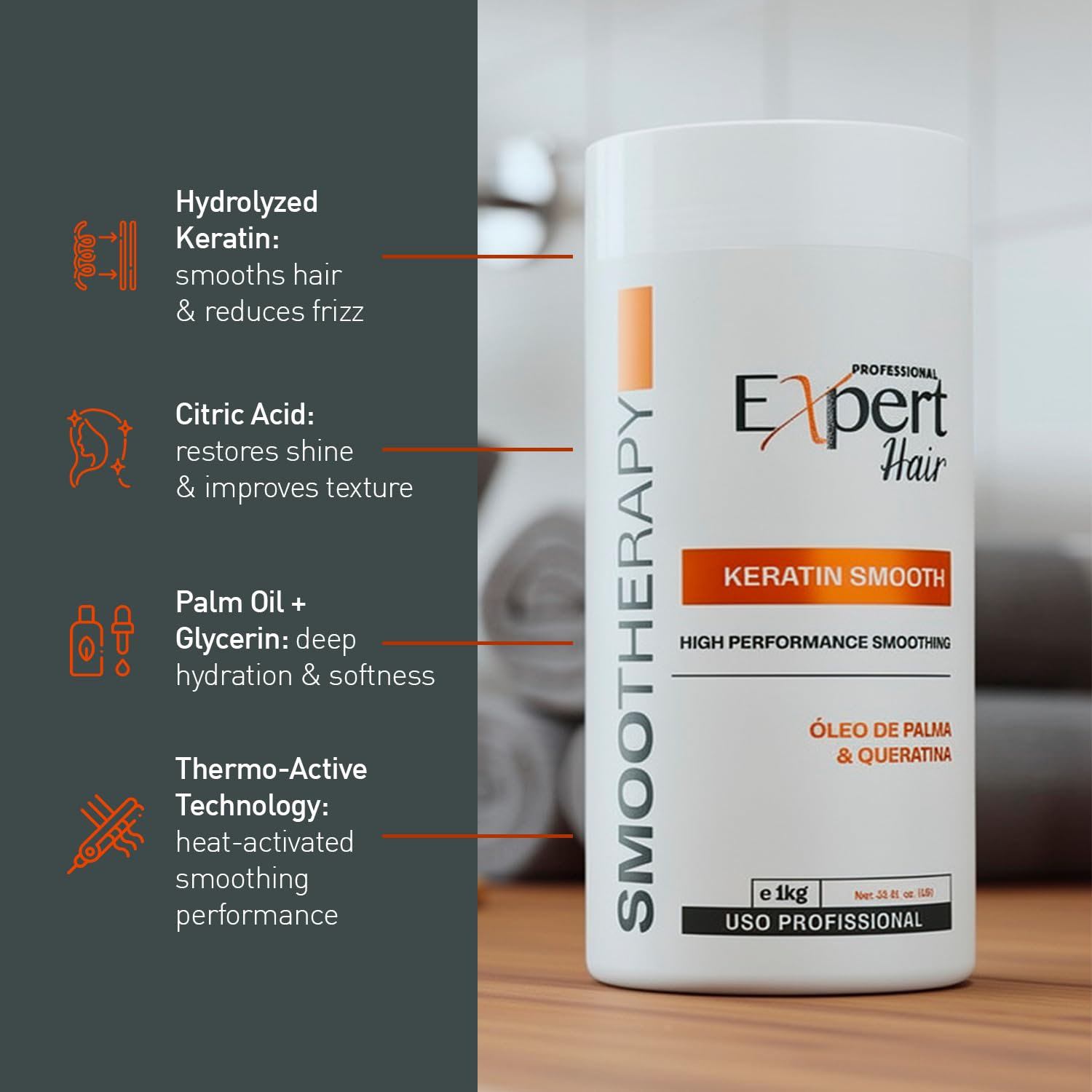 Expert Hair Keratin Smooth, Hair B-tox – Anti-Frizz, B-tox Capilar für das Haar – Thermo-Aktiv, Natürlicher Look – Keratin zum Haarglätten, Haarchirurgie für das Haar (1kg/35.3 oz.)
