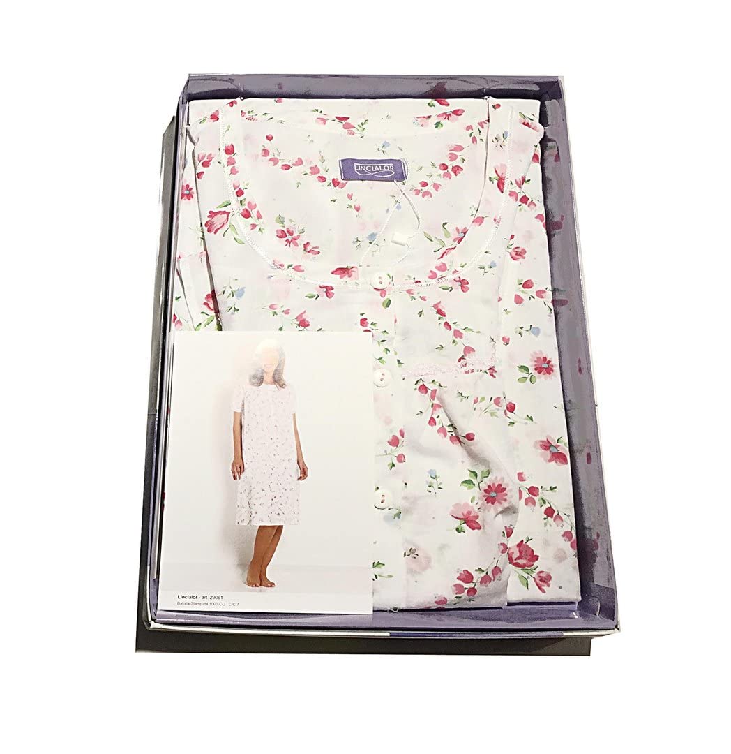 Leo Corsetteria Camisón Señora Mayor 100% Algodón Lona Manga Larga Serafino Rizado con Carrito, 1 Blanco Rosa, 52