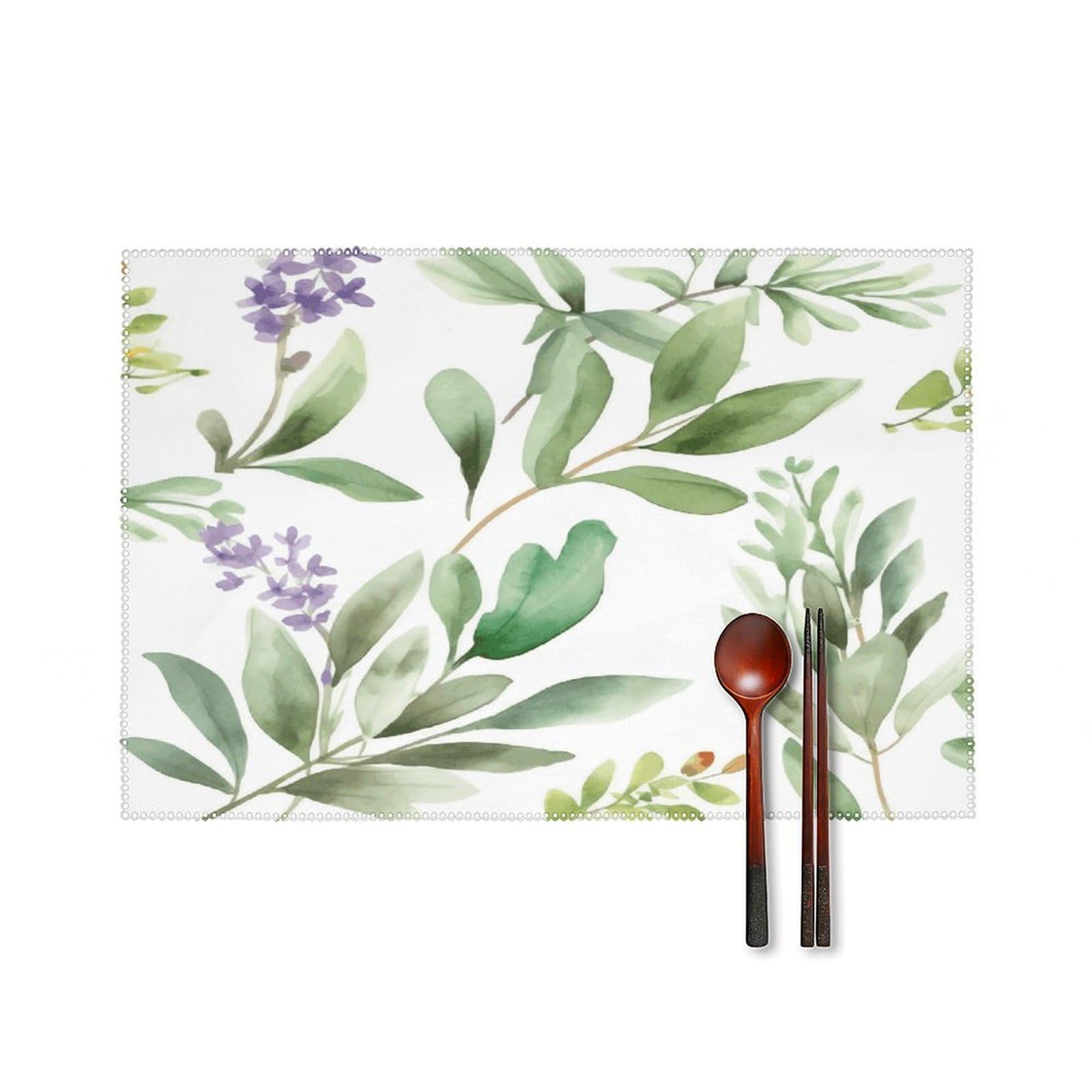 Green Flower Watercolor Herb Sage Leaves and Branches1 Placemat Set of 6,Thickened Non-Slip Place Mats Heat Resistant Reversible Table Mats Resistant Washable Place Mat for Kitchen Dining Table Decor