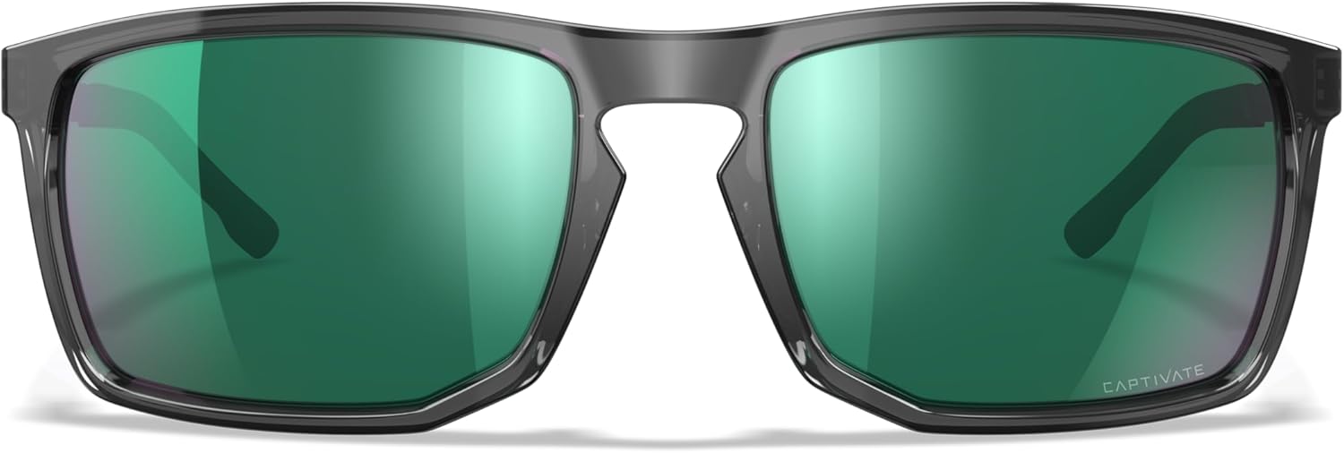 Wiley X WX Axe Sunglasses Safety Glasses for Men Shatterproof UV Eye Protection for Combat, Shooting Captivate Polarized Green Mirror Lenses Gloss Crystal Grey Frames