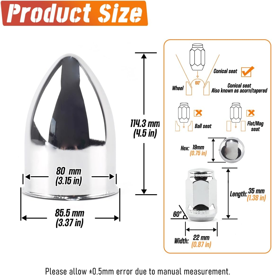 4-Pack Trailer Push Through Center Caps and Trailer Wheel Lug Sets - 3.15in Wheel Center Caps Chrome Wheel Cover Carbon Steel Hub Cap with 24 Chrome Capped 1/2-20 Lug Nuts for Truck RV