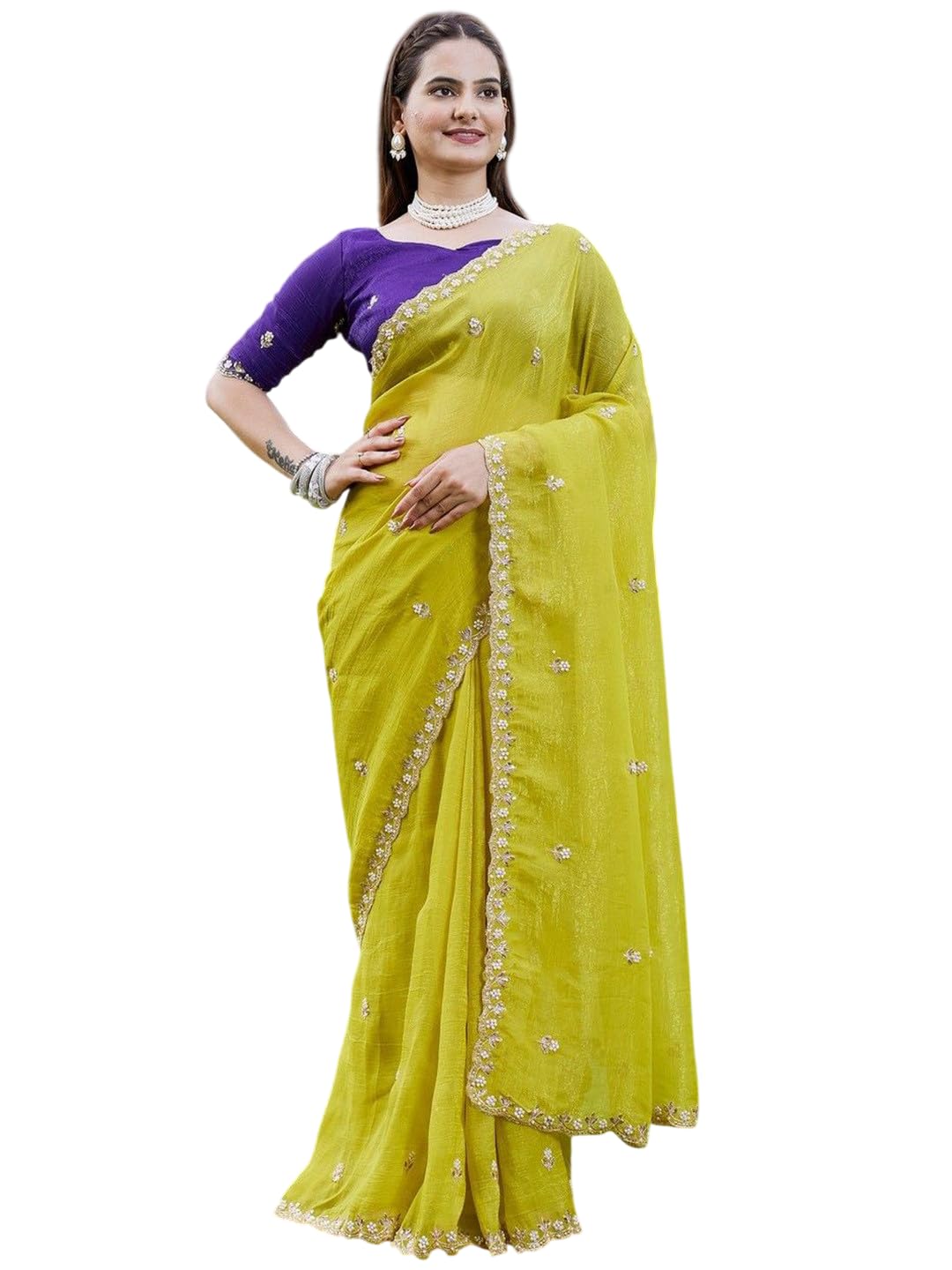 Crunchy Silk Saree with Pallu Embroidery, Bead Stone Hand Work, Unstitched Blouse-image-20