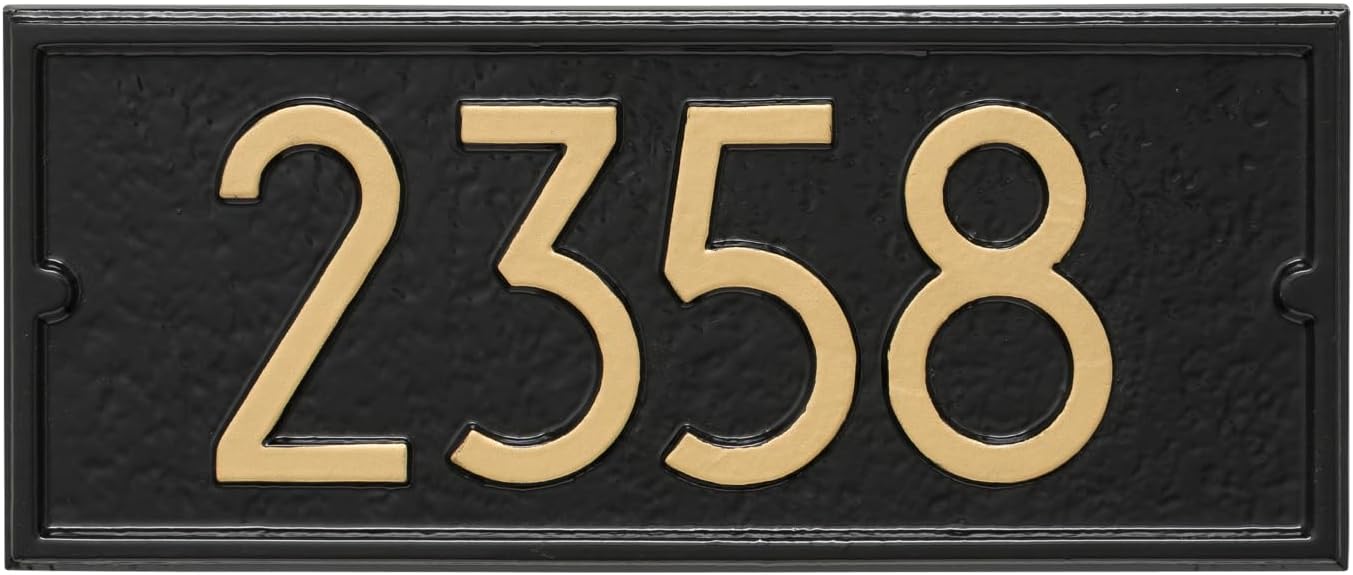 Whitehall Custom Mailbox Address Plaque, Personalized House Number Sign with Modern Numbers for Balmoral or Capitol Mailboxes, 15 x 6.5 in, Black with Goldtone Numbers