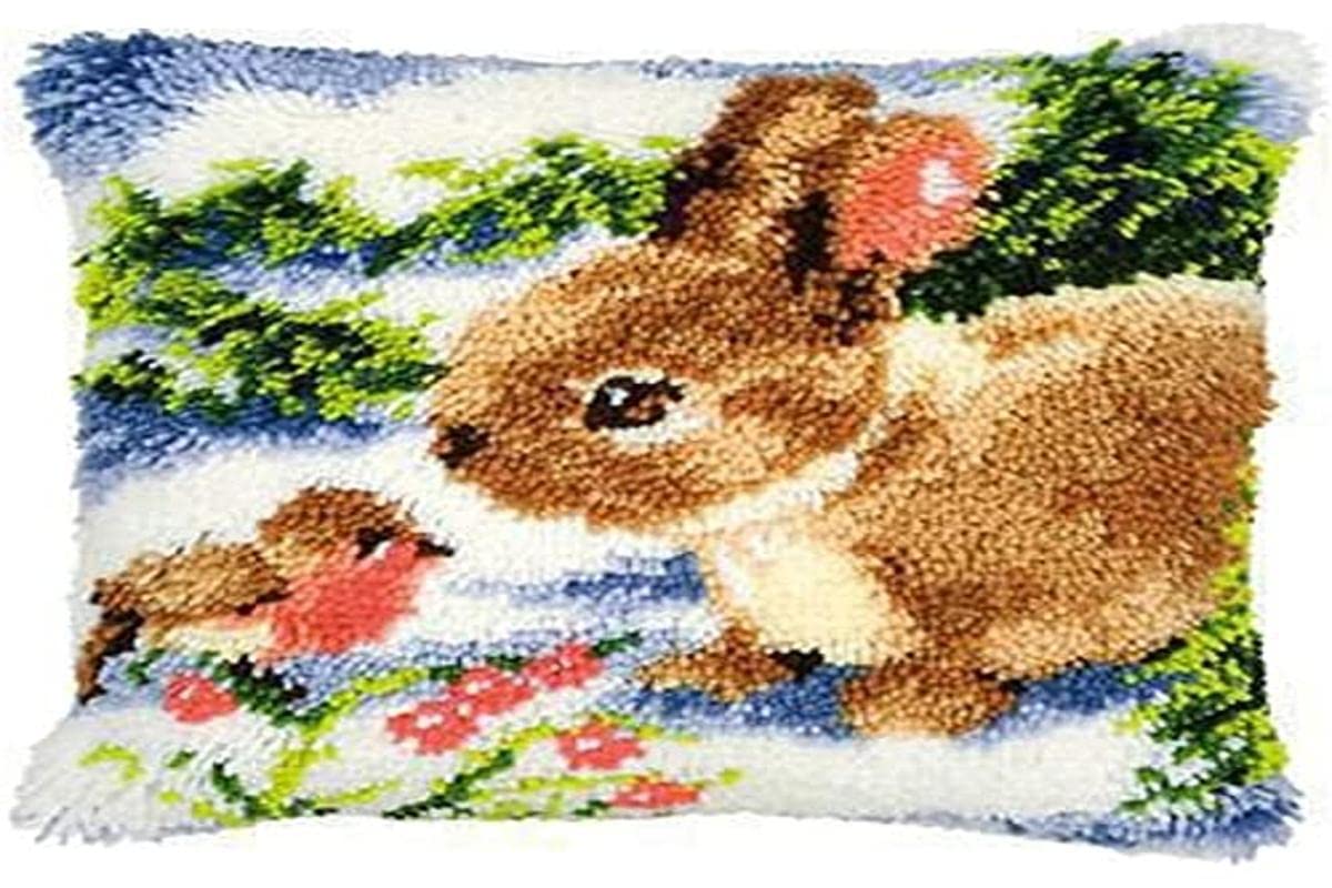 VERVACO Kit Latch Hook Cuscino Coniglietto con Uccello nella Neve Kit Gancio di Chiusura Tappeto ca. 40 x 40 cm Set Ricamo Principianti Casa Decorazioni attività Creative Adulti Hobby Gobelin Cuscino