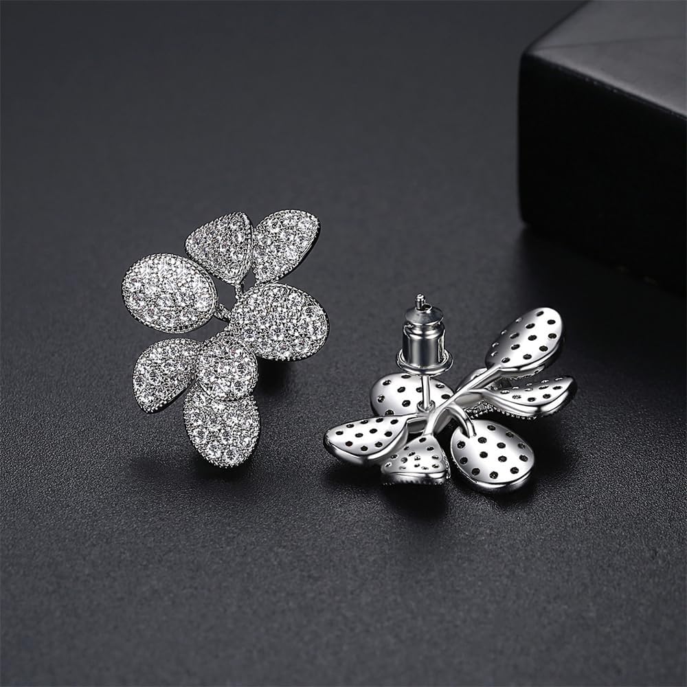 Delicate Luxury Flower Leaf Cubic Zirconia Crystal Statement Stud Earrings for Women Dainty 925 Sterling Silver Post Diamond Fashion Trendy Jewelry Wedding Party Gift Her - Image 3