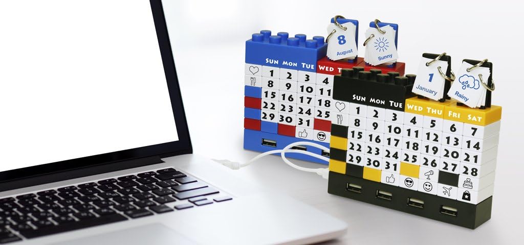 Perpetual Brick Calendar / Perpetual Puzzle Calendar / Perpetual Desktop Calendar with 4 Port USB 2.0 Hub (Black and Yellow)