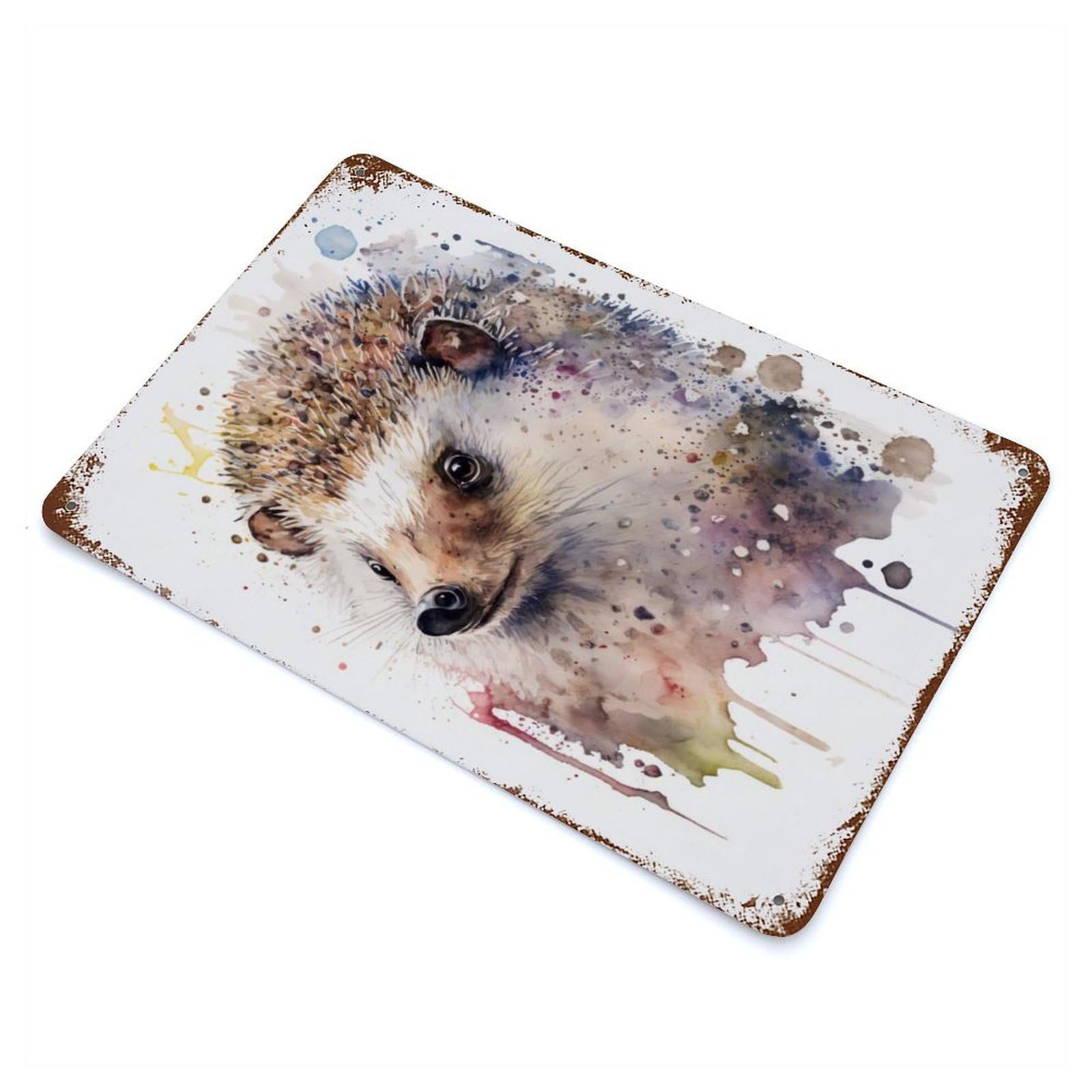 Vintage Rust Metal Sign with Hedgehog Hues Watercolor Design 11.8"x7.9", for Shed, Workshop And Garage Wall Decor, Classic Wall Plaque