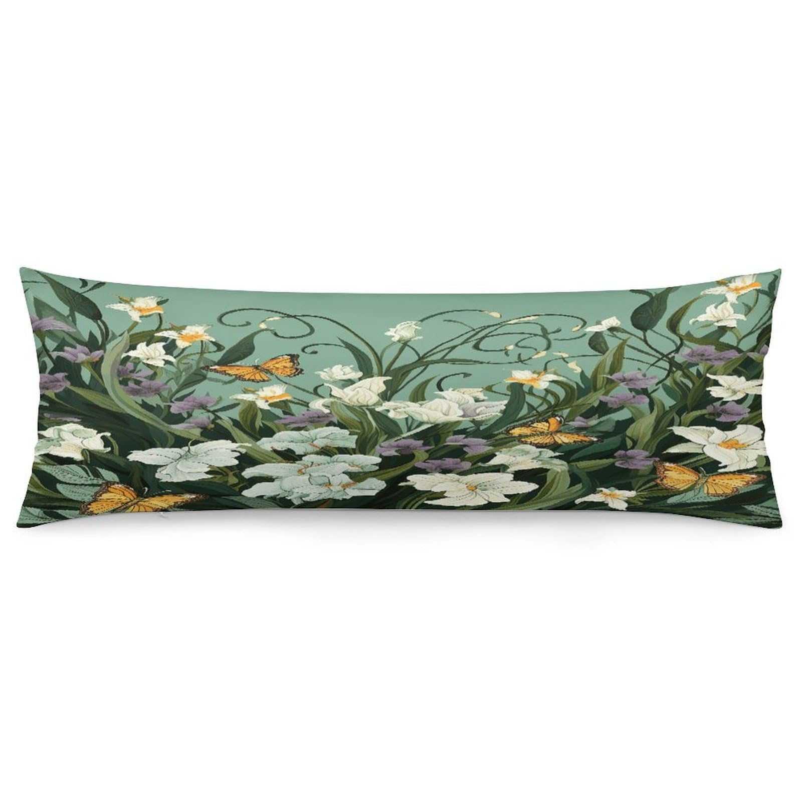 Flowers and Butterflies on Green Background Body Pillow Cover Luxury Long Body Pillow Pillowcase with Hidden Zipper Breathable Soft Cozy Pillow Case Wrinkle Fade Resistant Pillowcase 20''×54''