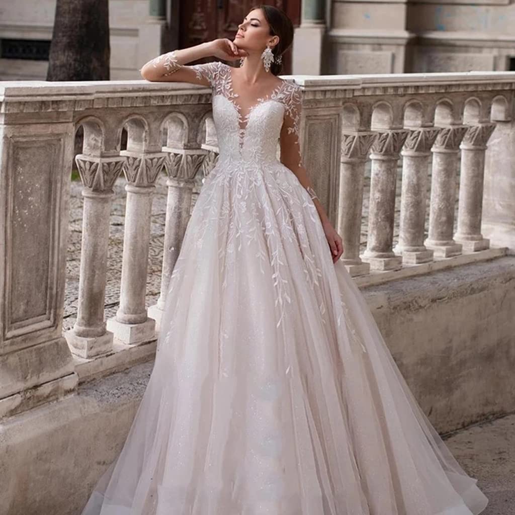 Vestito da Sposa Abito da Sposa Lungo Donna Matrimonio in Linea Manica Lunga con Scollo A V Elegante Schiena Nuda Abito da Sposa in Pizzo A Strascico Applique Bianco