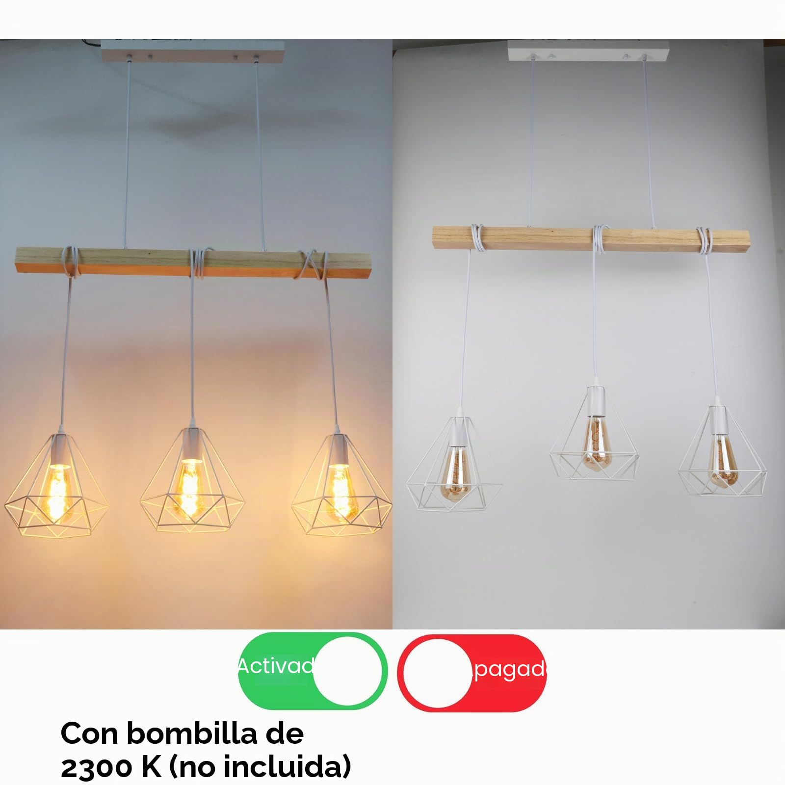 Alpinaluz Lámpara Colgante Lineal 3 Luces 75 cm de Madera Natural con 3 Pantallas de Jaula Metálica Blanca, 3x E27 y Altura Ajustable, Estilo Nórdico para Isla de Cocina, Comedor o Salón