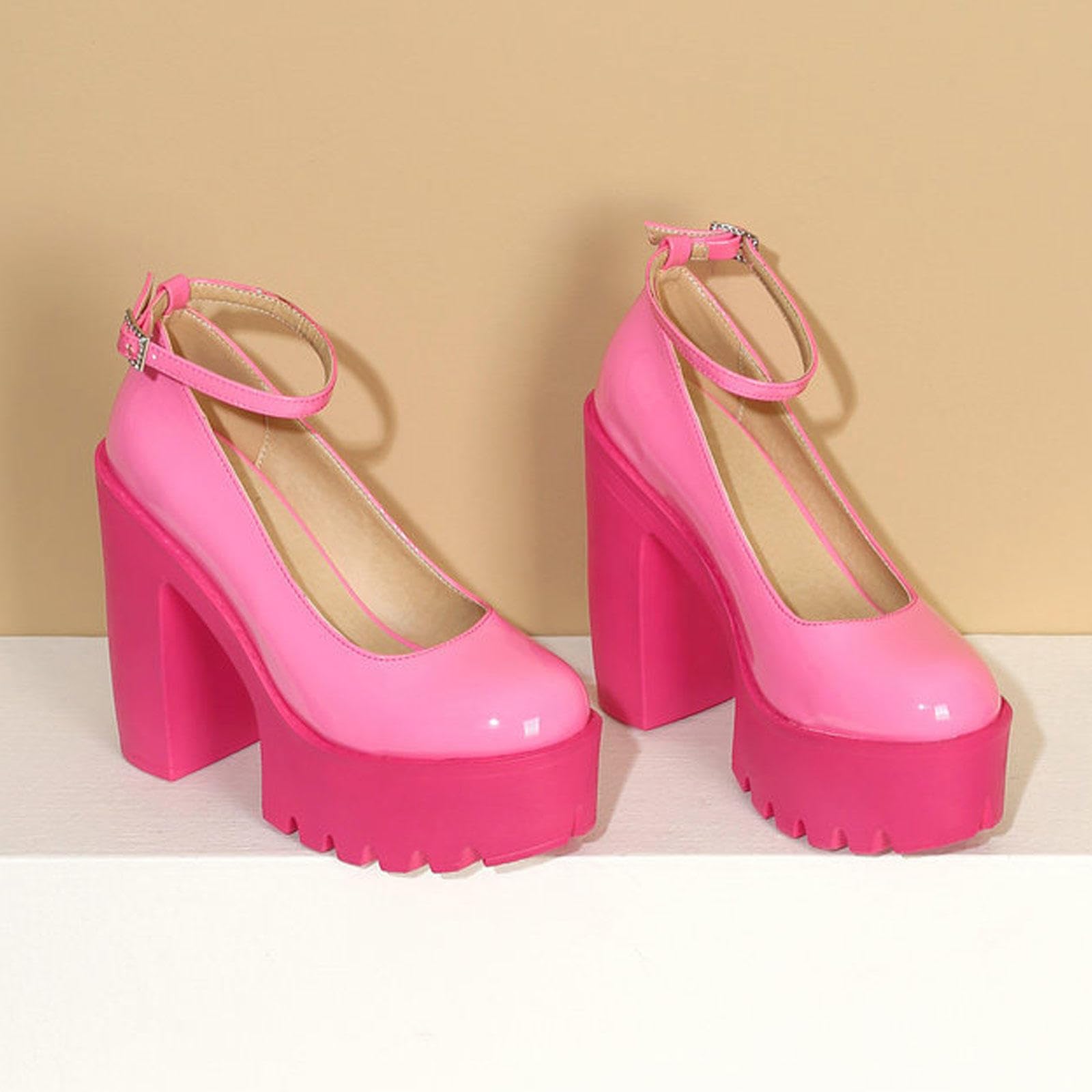 Tacco Alto Décolleté Plateau Tacco Blocco Donna Punta Rotonda Chiusa Cinturino alla Caviglia Scarpe Eleganti Festa 13cm