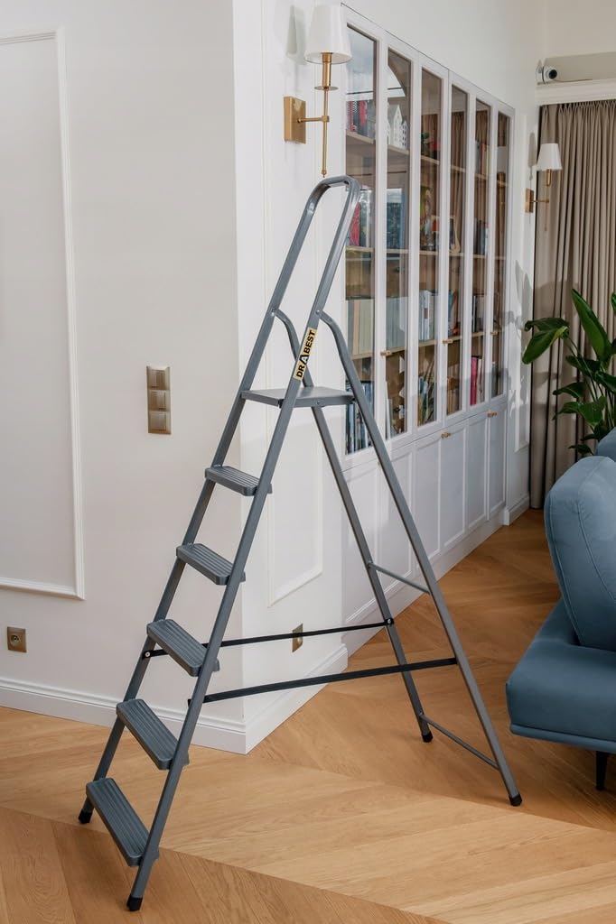 DRABEST Scaletta per Casa in Acciaio con Finitura Verniciata a Polvere e Piattaforma – Scaletta a 6 Gradini con Piattaforma – Pieghevole per la Casa – 125 Kg – 49x197x8 cm