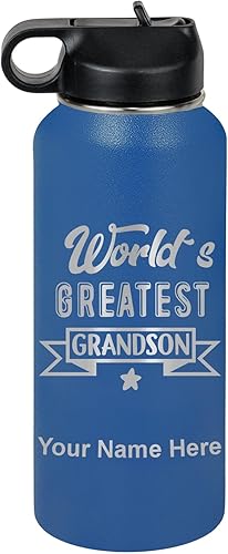 Miniatura 60 de LaserGram Personalized Water Bottle, World's Greatest Grandson, Stainless Steel Double Wall Vacuum Insulated with Flip Top Straw, Custom Engraved