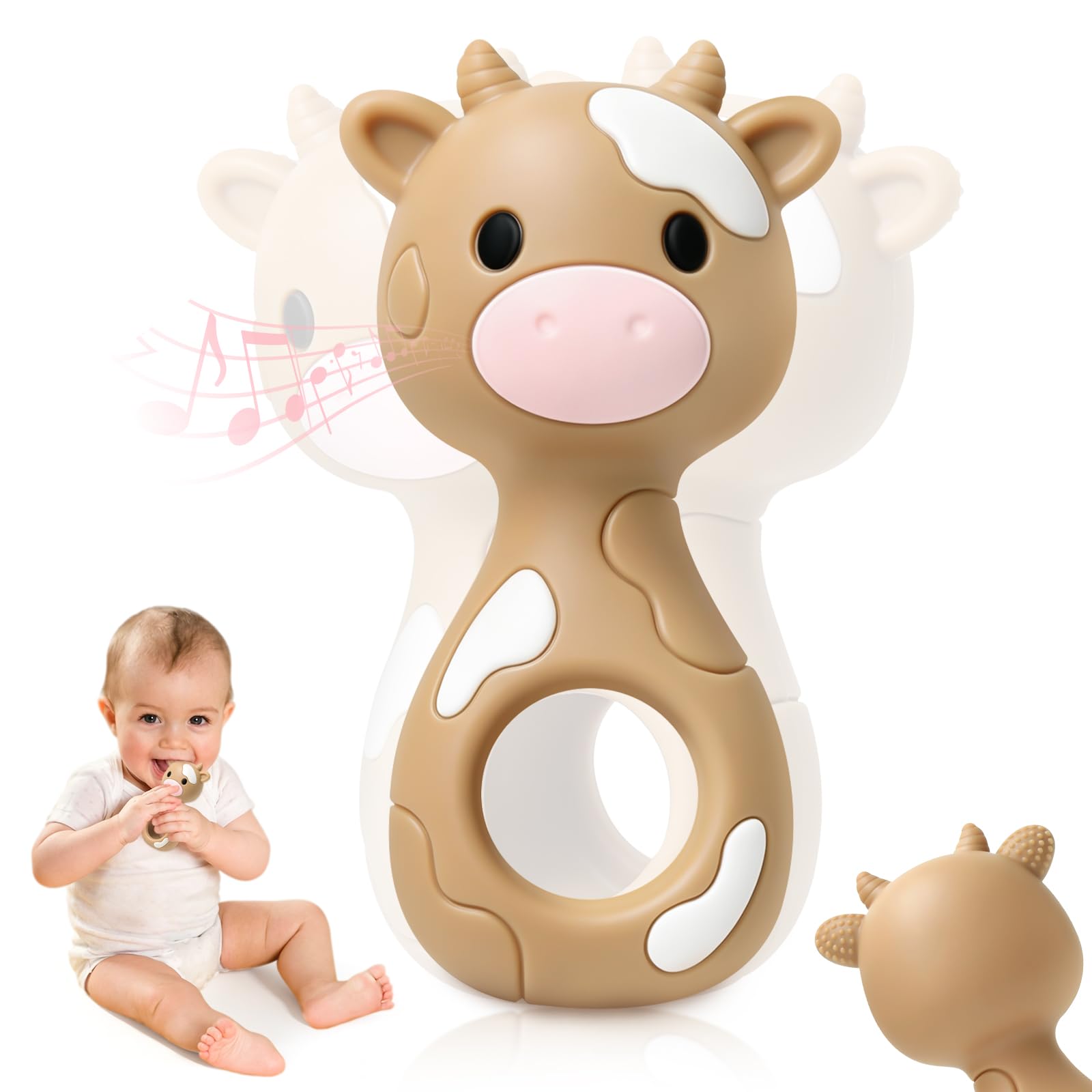 Brown Cow Teething Rattle for Babies, Soft Silicone Teething Toy, BPA-Free Baby Teether for Newborns, Food Grade Teething Relief Rattle, Easy Hold Sensory Teether for Baby Shower
