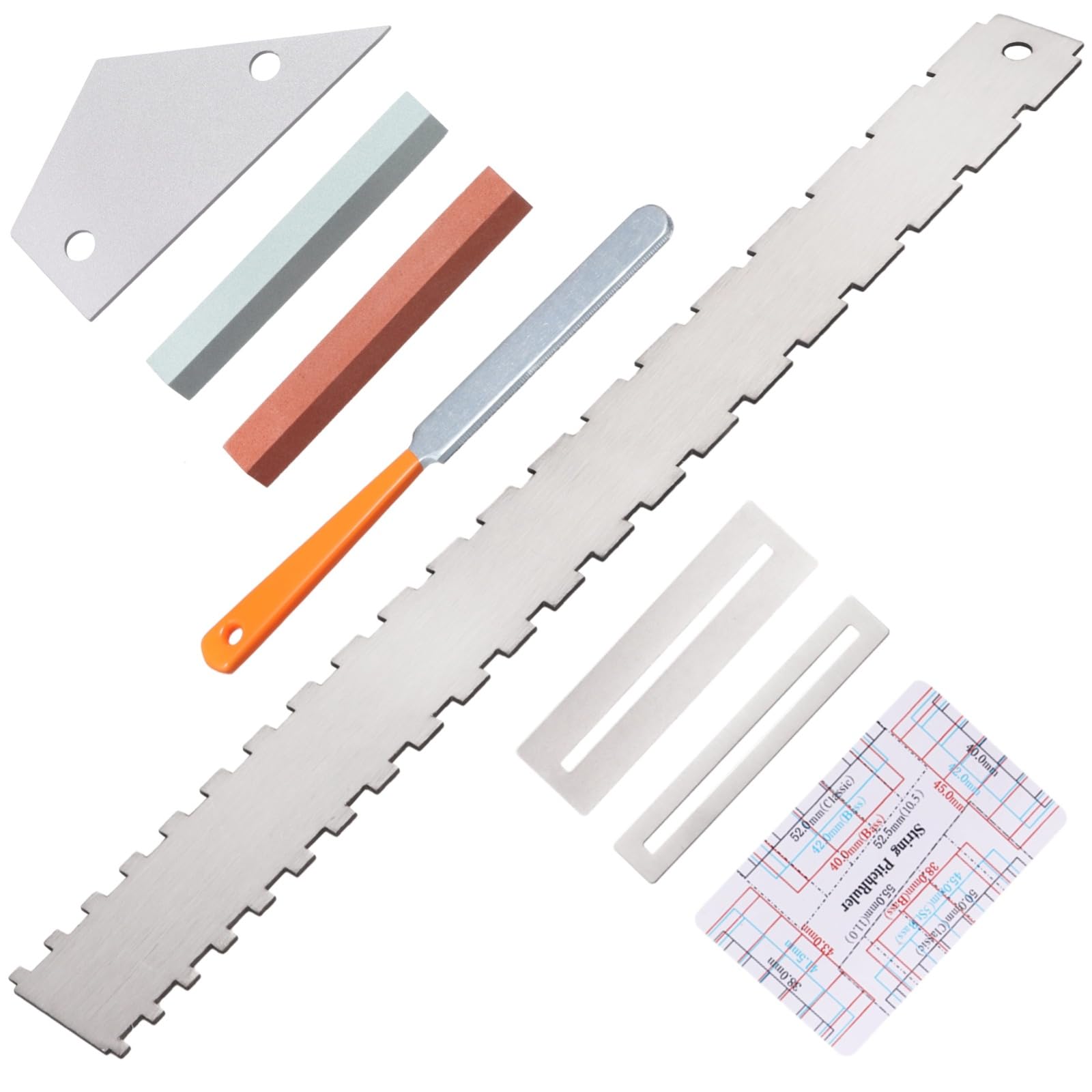 8 PCS Guitar Neck Straight Edge Kit, Guitar Neck Notched Straight Edge Luthier Tool, Fret Rocker, Fret File, Fingerboard Guards, String Action Ruler, Grindstones, Maintenance Kit for E-Guitar Bass
