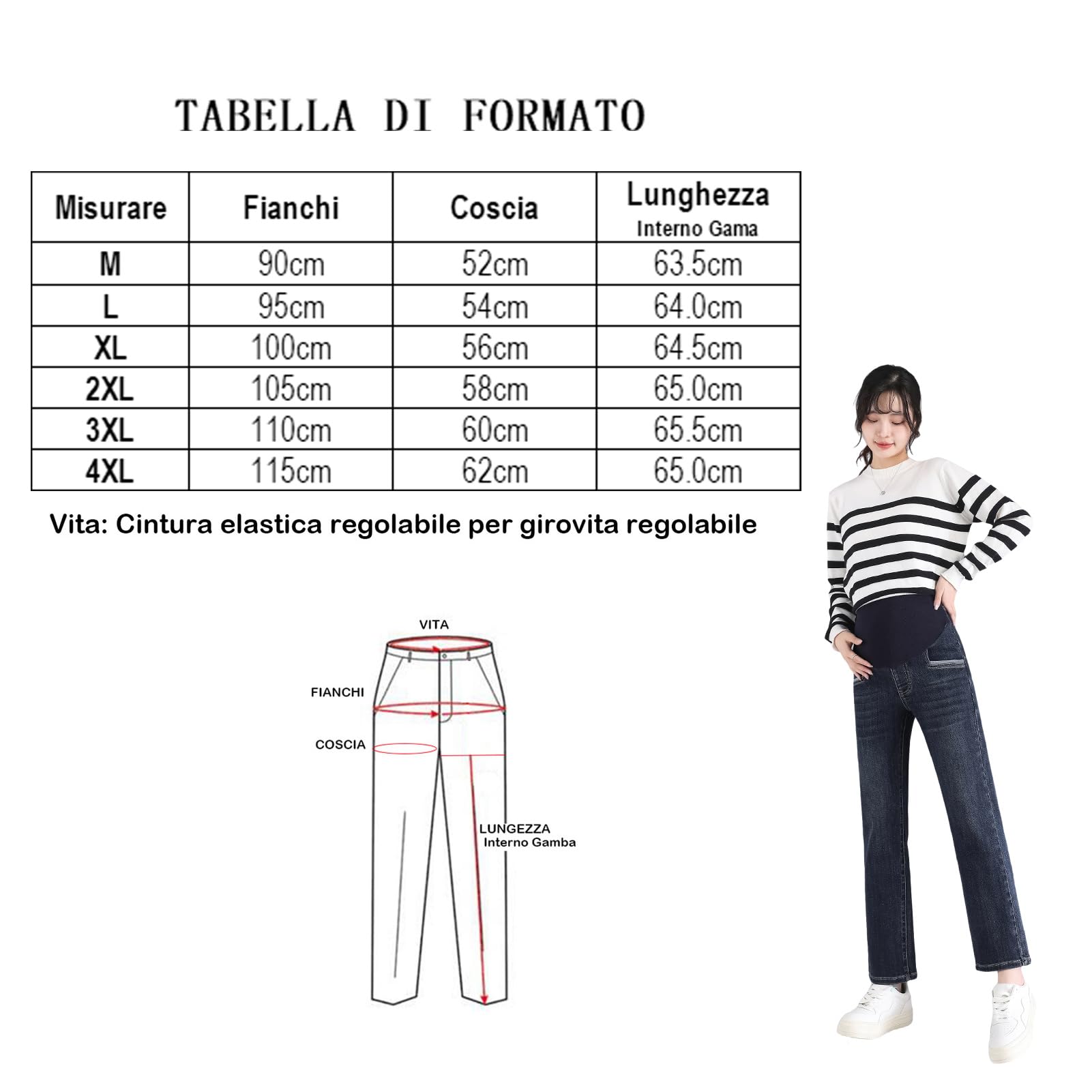 Jean de maternité à jambe droite avec ceinture réglable - Pantalon 3/4 stylisé et pratique, idéal pour les femmes de petite taille (taille courte)