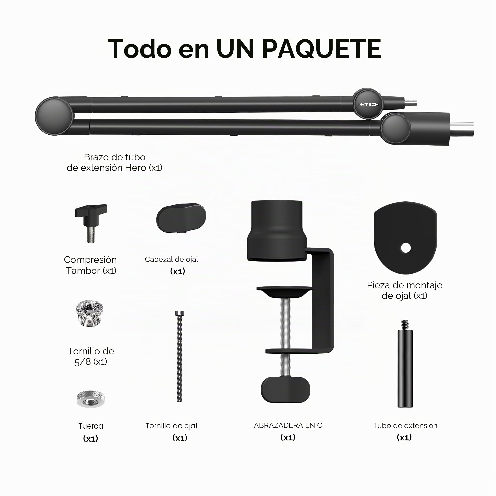 IXTECH Soporte de micrófono de brazo con tubo de extensión mejorado para Shure SM7B MV7 Blue Yeti azul Yeti, soporte de escritorio plegable con brazo de tijera para juegos de podcast
