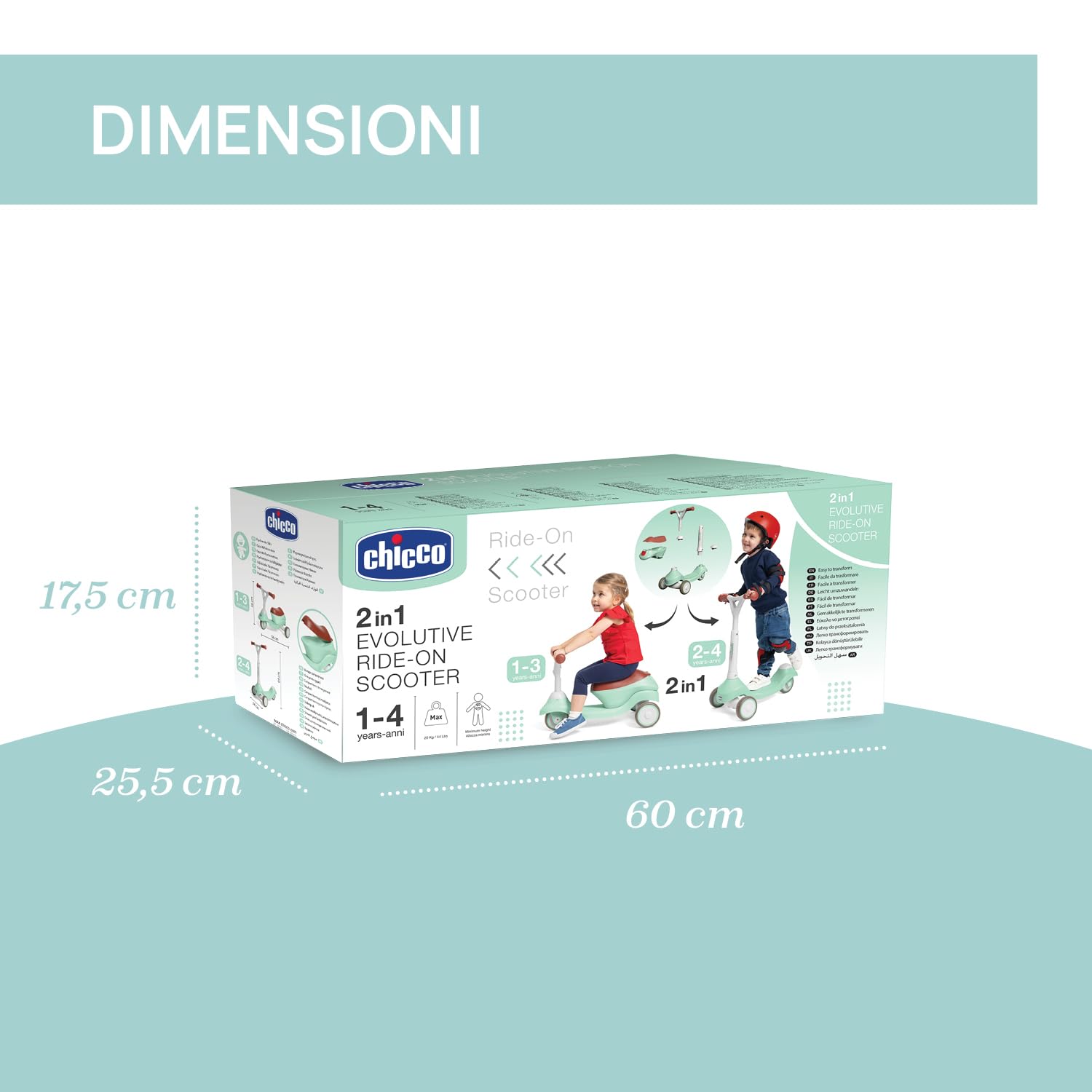 Chicco Monopattino Evolutivo 2 in 1, Cavalcabile da 1 Anno, Monopattino dai 2 Anni, Portata Max 20 kg, Manubrio Sterzante e Ruote Gommate, Leggero e Facile da Trasportare, Cavalcabile per Bambini
