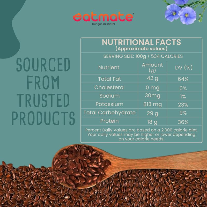 Image of Eatmate Roasted & Salted Flax Seeds 100g | Omega 3, High Fiber & Protein Rich Alsi Seeds | Gluten Free Healthy Snack for Daily Diet | Natural Vegetarian Seeds for Hair, Skin & Heart Health (100g)
