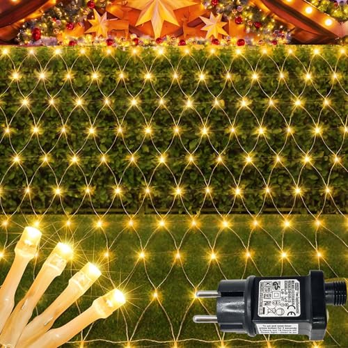 Hopelit LED Lichterkette Netz, 3x3m 272 Led Lichternetz, Lichterkette Außen Netz Erweiterbar mit SteckerTimer 9 Modi, Lichterkete für Büsche Garten Zimmer Balkon Weihnachten Party -Warmweiß