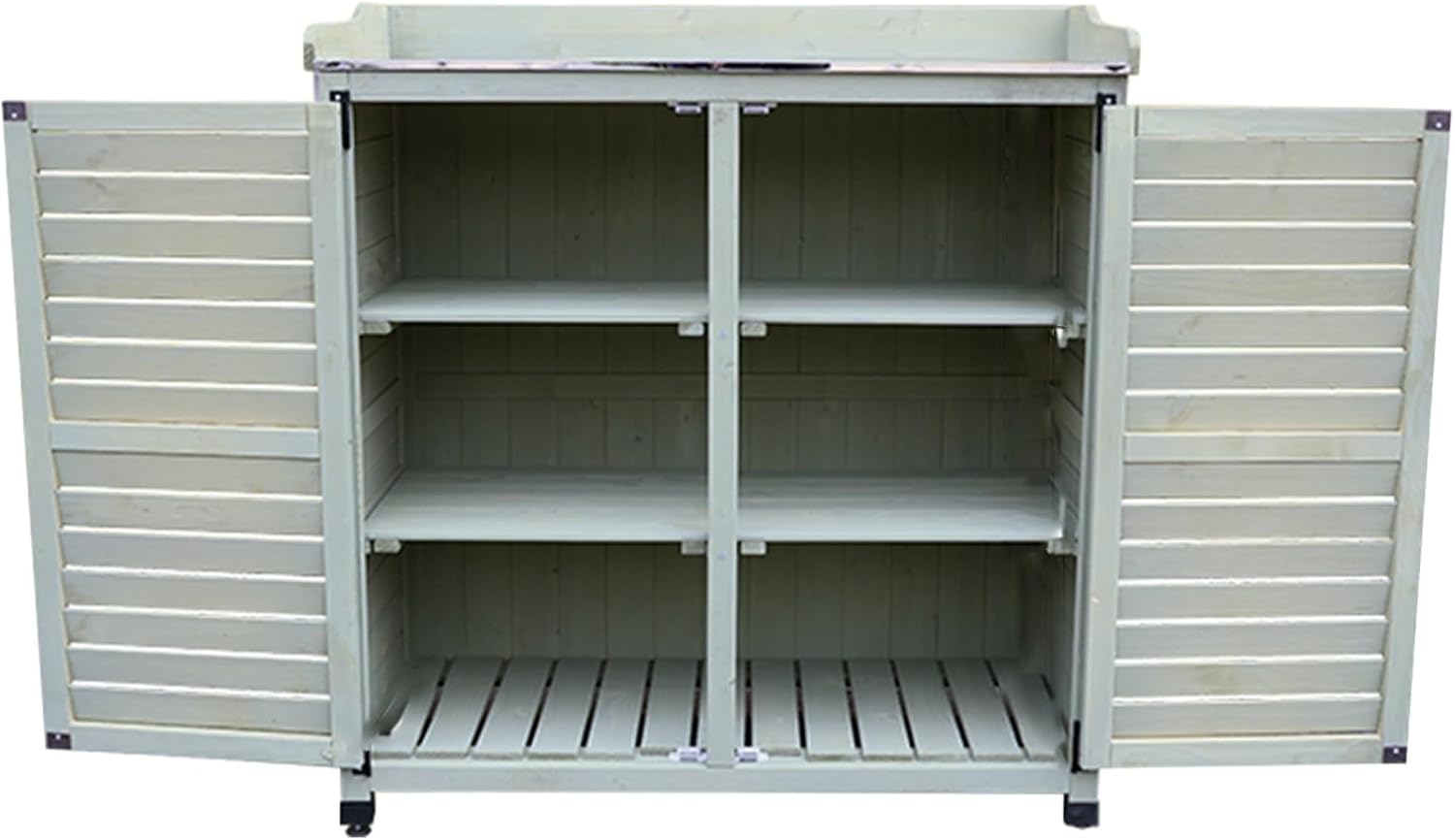 Outdoor Garden Patio Wooden Storage Cabinet with Adjustable Shelf & Metal Top Green Color Potting Bench Storage Cabinet for Garden Tools,One Color-Green