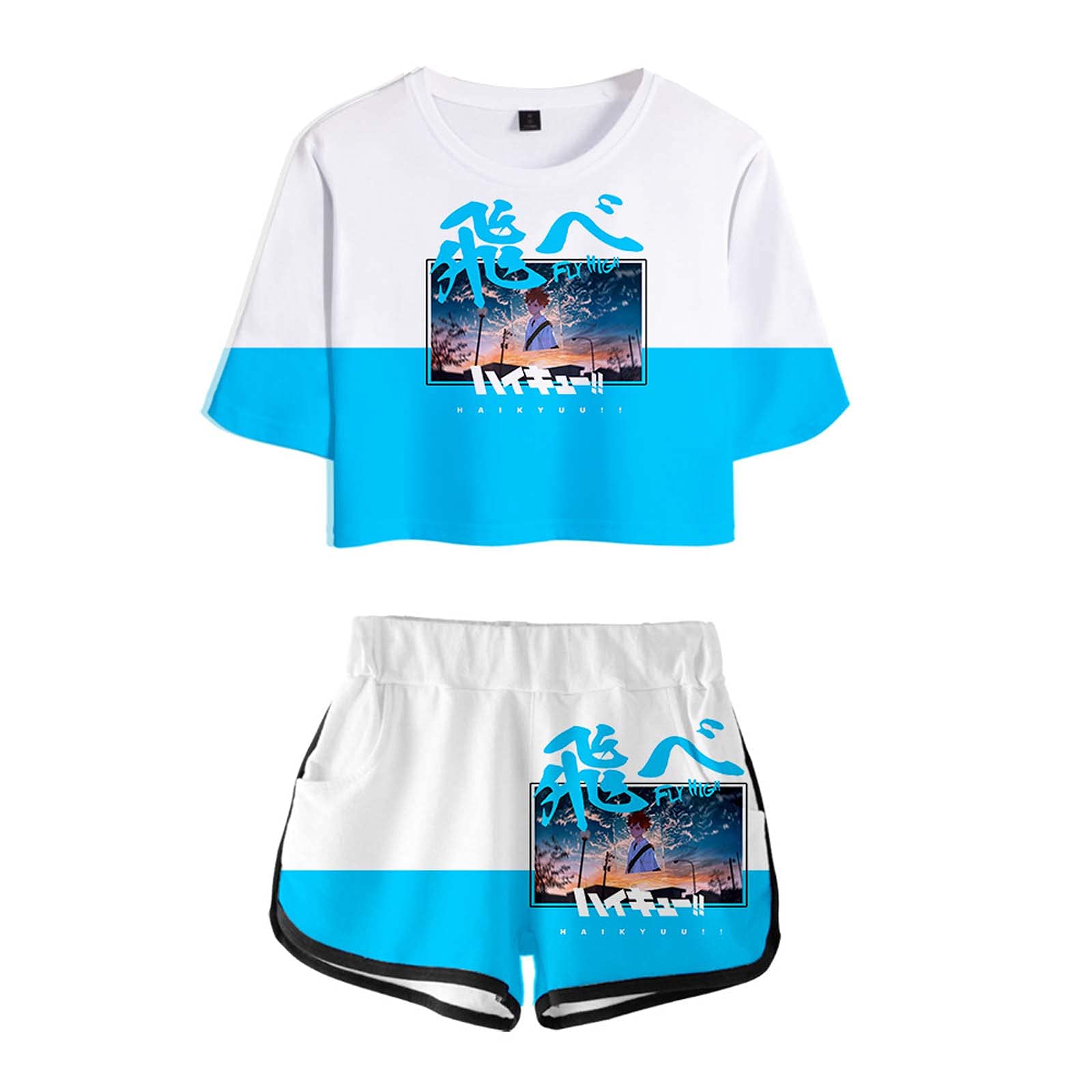 Dziewczęcy krótki top i szorty z nadrukiem 3D Karasuno High School Koszulka z krótkim rękawem i szortami garnitur siłownia trening bieganie dres letnie piżamy ubrania do jogi, Kolor P, XS