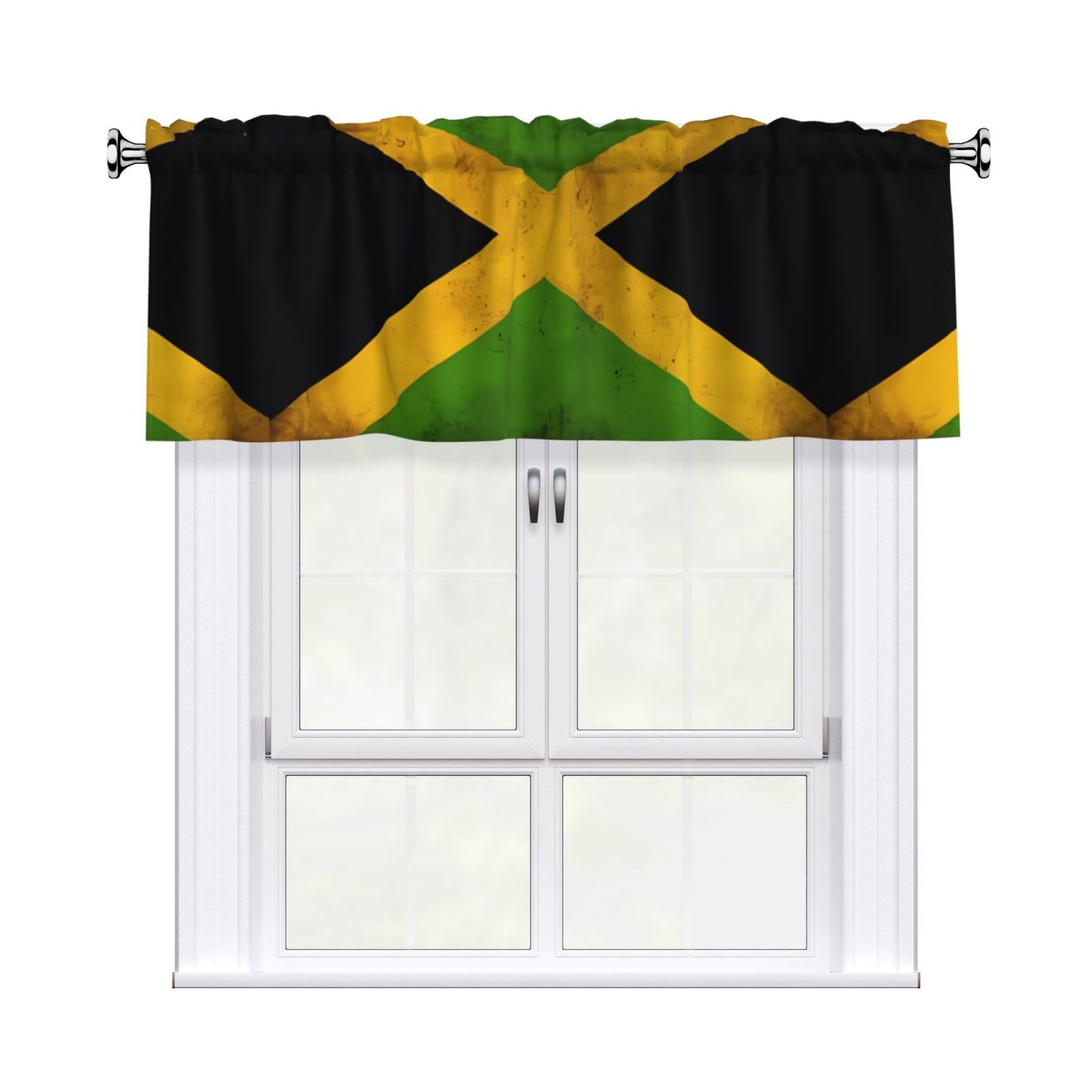 WHJSHOP Old Jamaican Flag Prints Curtain Valance 54x18in - Peach Skin Kitchen Window Layer, Filtered Light & Quick-Install Rod Pocket Cover