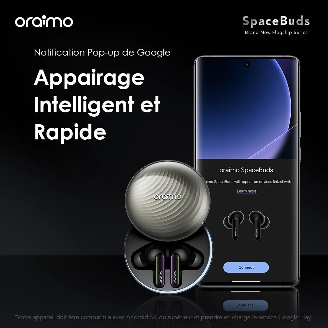 Oraimo SpaceBuds - Écouteurs Bluetooth sans Fil, Réduction de Bruit Active ANC Hybride 50dB, Autonomie 40h, Écouteurs Intra Auriculaires Basse Latence Jeu, 6 Micros Appel Clair, IP54 - Space Grey