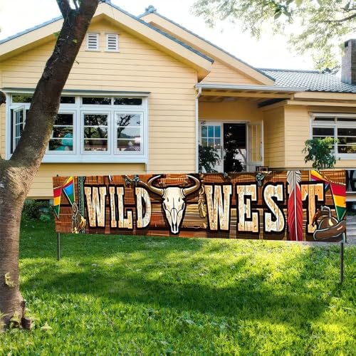 Image of 78.7 x 17.7 Inch Wild West Banner Cowboy Theme Party Yard Decorations Rustic Wood Bull Skull Summer Outdoor Decor Fence Sign