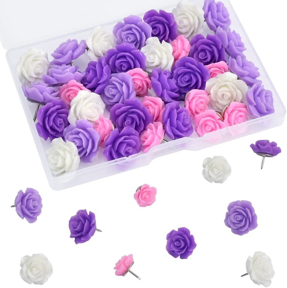 Purple Rose Flower Push Pin (40 Pcs) with Gradient Color Decorative Thumbtacks Floret Flower Push Pins for School, Home, Office — image 1