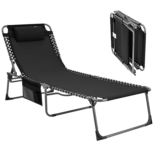 KingCamp Oversized Adjustable 5-Position Folding Chaise Lounge Chair for Outdoor Patio Beach Lawn Pool Sunbathing Tanning, Heavy Duty Portable Camping Recliner with Pillow, Supports 330lbs, Black